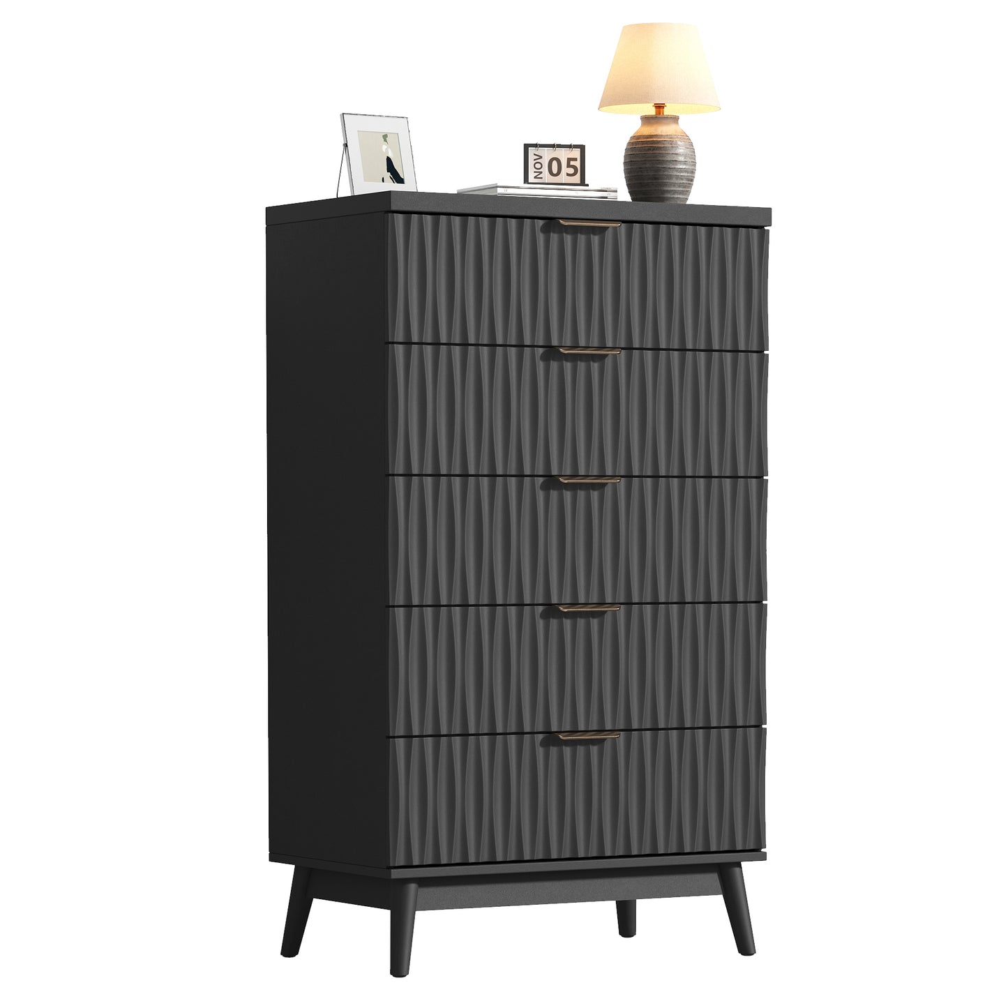 NEGYLIM 5 Drawer Dresser for Bedroom, 47"H Fluted Dresser Modern Chest of Drawers with Metal Handle, Anti-collapse for Living Room, Hallway