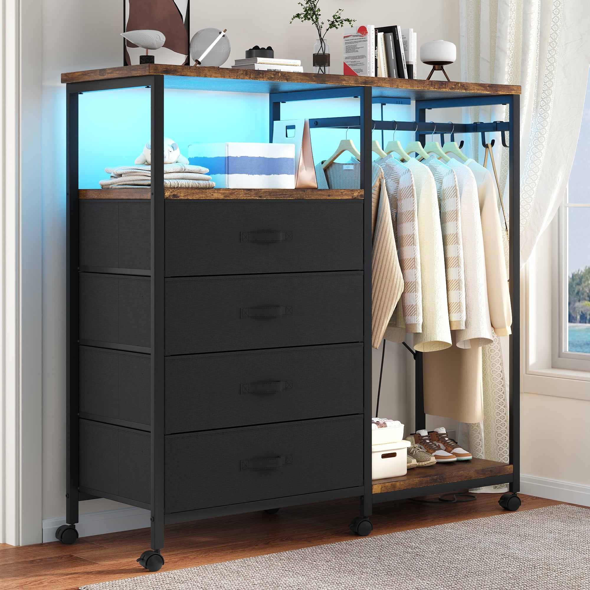 3-in-1 Dresser with Clothes Rack, 4 Drawers, Charging Station, LED Lig