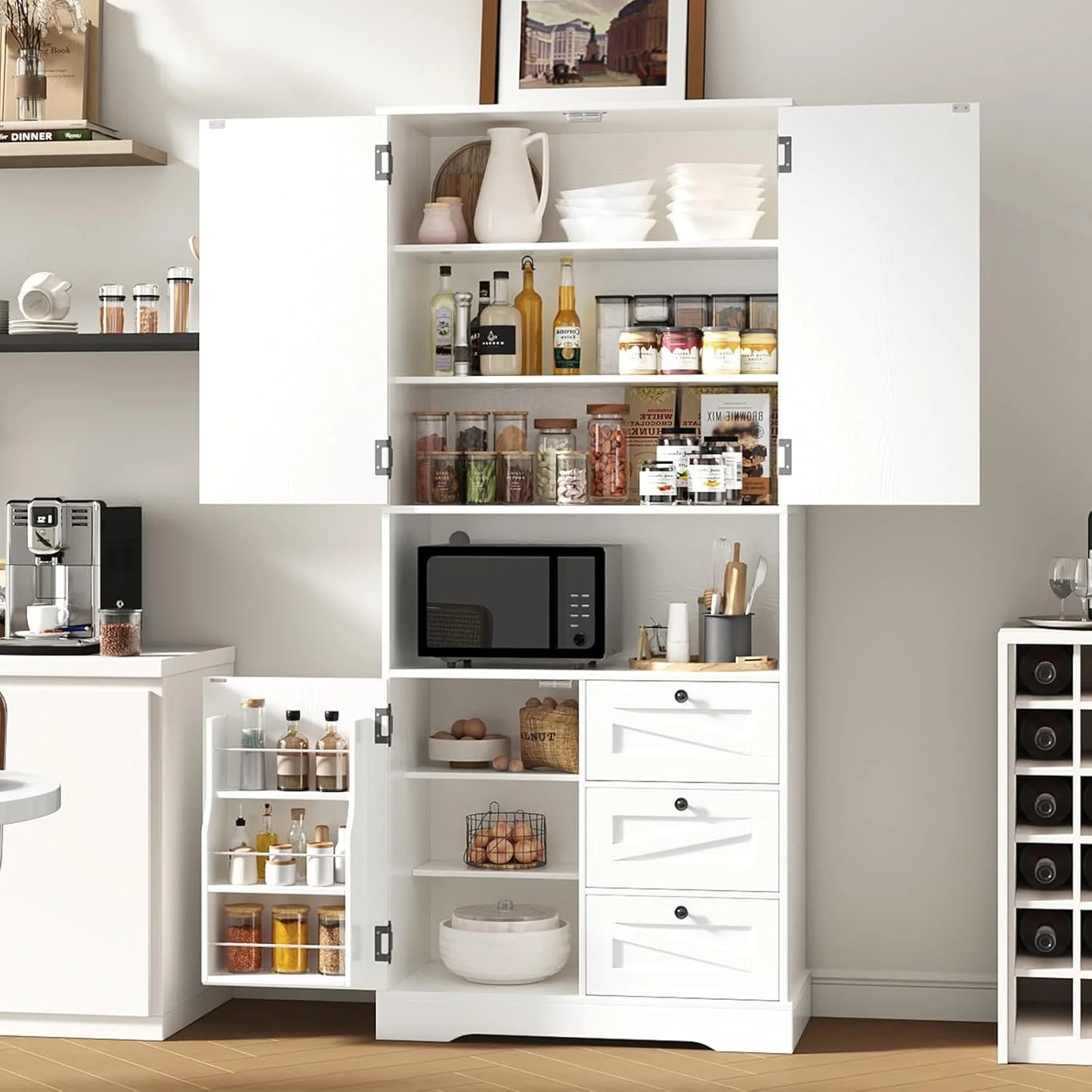 NEGYLIM 72" Tall Kitchen Pantry Storage Cabinet with Doors & Shelves, Farmhouse Rustic Wood Cupboard for Kitchen Dining Room Bathroom, White