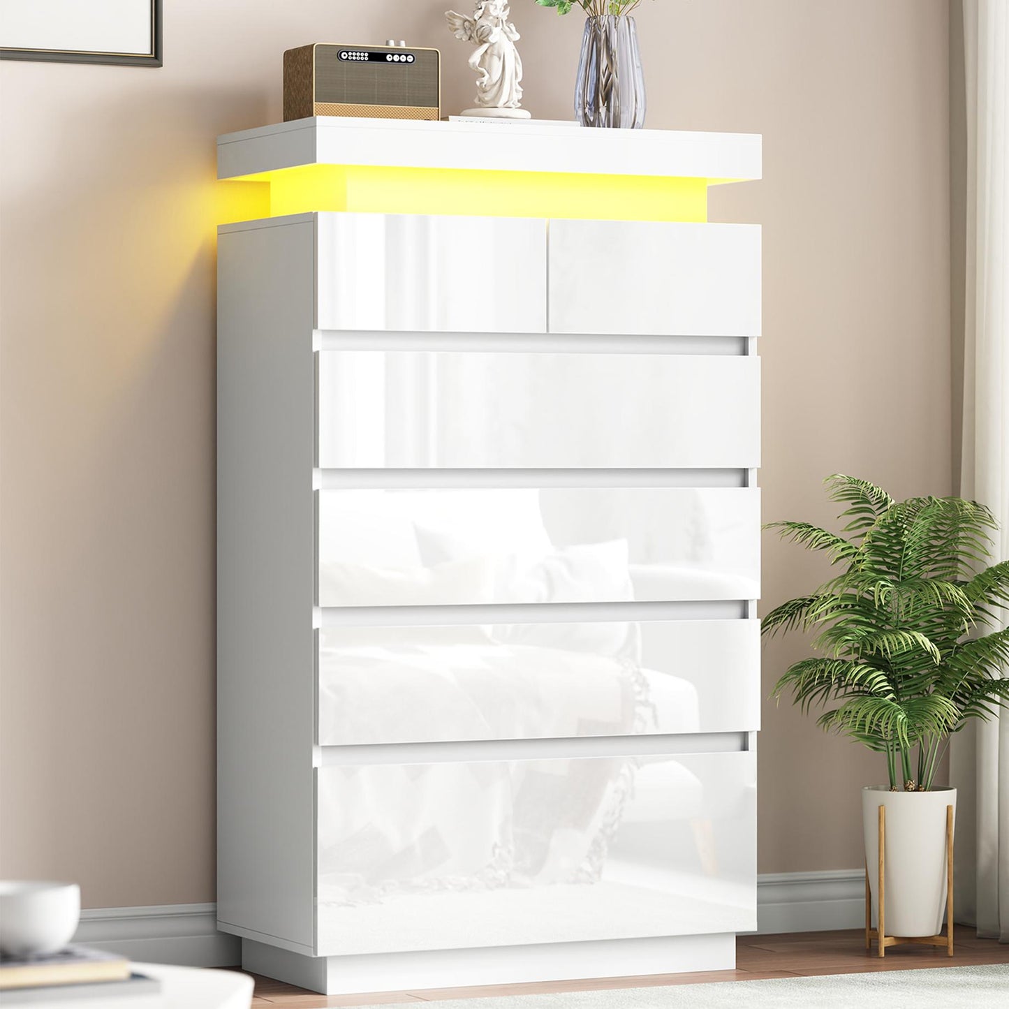 NEGYLIM 6 Drawer White Dresser, High Gloss Dresser with LED Light for Bedroom, Living Room, Hallway, Easy Assembly