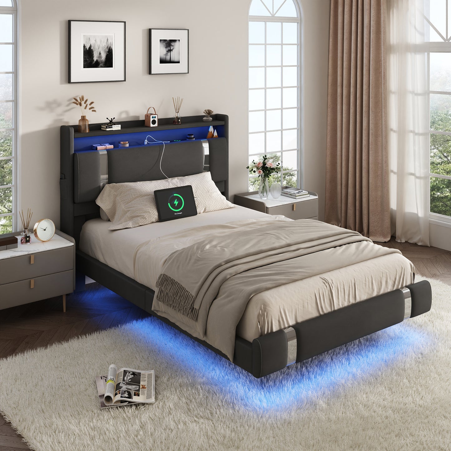NEGYLIM Floating Bed Frame Twin Size with LED Lights, Easy to Assemble, Metal Platform Bed with Storage Headboard, No Box Spring Needed, Black