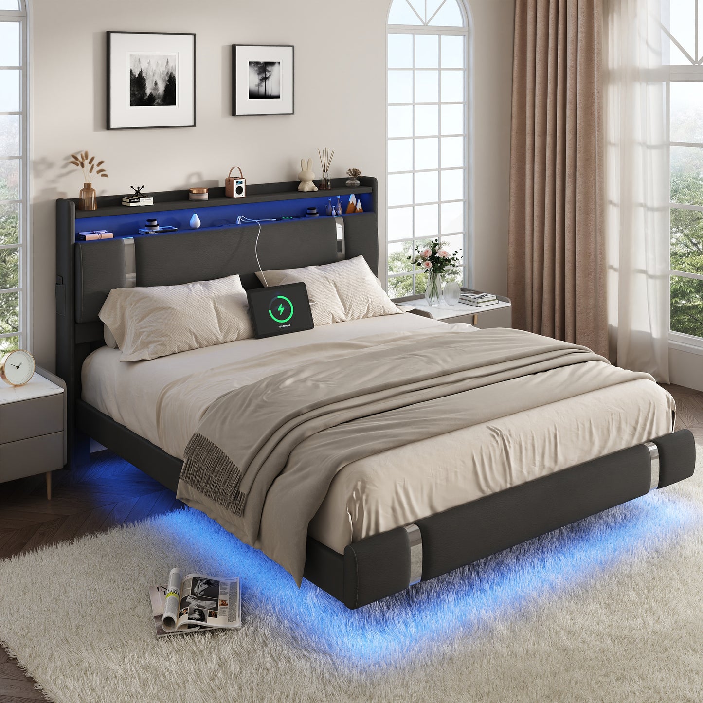 NEGYLIM Floating Bed Frame Queen Size with LED Lights, Easy to Assemble, Metal Platform Bed with Storage Headboard, No Box Spring Needed, Black