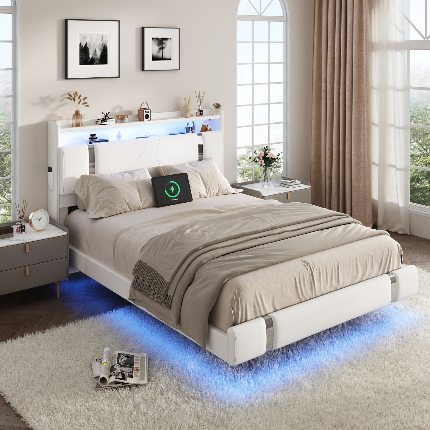 NEGYLIM Floating Bed Frame Full Size with LED Lights, Easy to Assemble, Metal Platform Bed with Storage Headboard, No Box Spring Needed, White