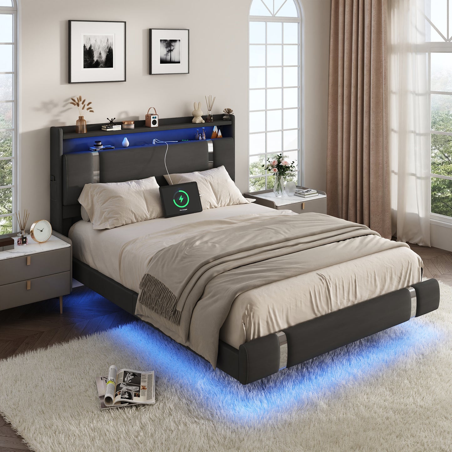 NEGYLIM Floating Bed Frame Full Size with LED Lights,Easy to Assemble, Metal Platform Bed with Storage Headboard, No Box Spring Needed, Black