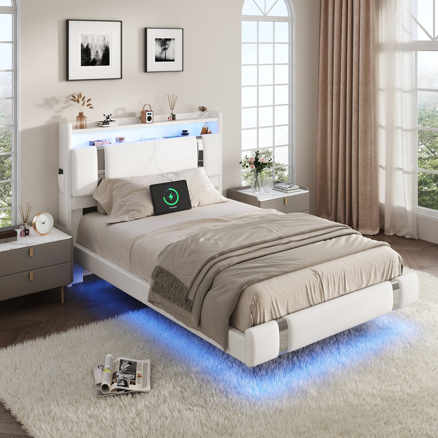 NEGYLIM Floating Bed Frame Twin Size with LED Lights, Easy to Assemble, Metal Platform Bed with Storage Headboard, No Box Spring Needed, White