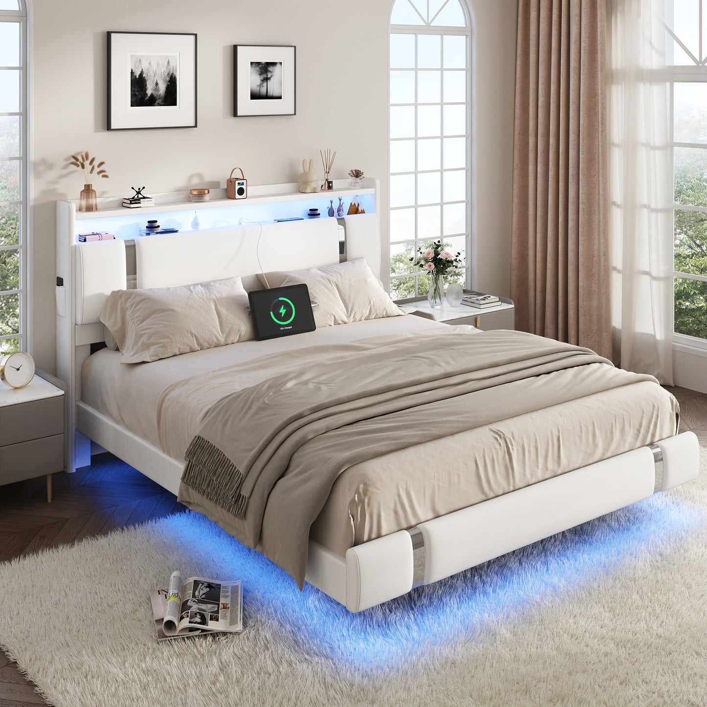 NEGYLIM Floating Bed Frame Queen Size with LED Lights, Easy to Assemble, Metal Platform Bed with Storage Headboard, No Box Spring Needed, White