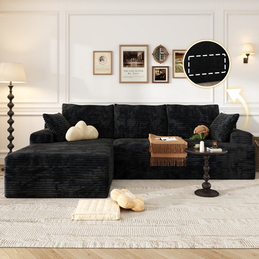 104" Modular L-Shaped Sectional Sofa with Chaise - No Assembly Required Boneless Corduroy Couch, High Resilience Foam, Deep Black