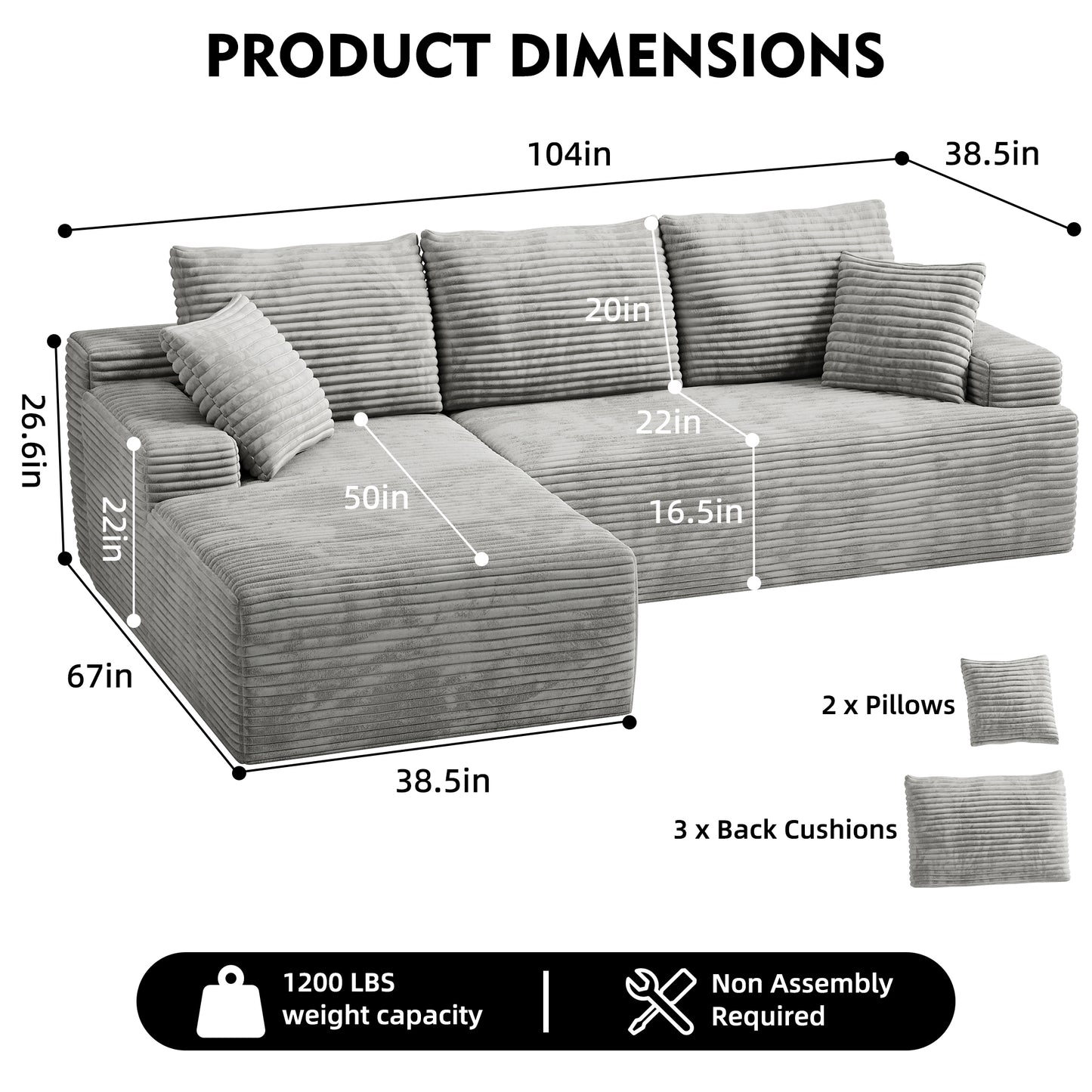 104" Modular L-Shaped Sectional Sofa, No Assembly Required Boneless Sofa with Chaise, High Resilience Foam & Corduroy Fabric, for Living Room Bedroom,(Oyster White)