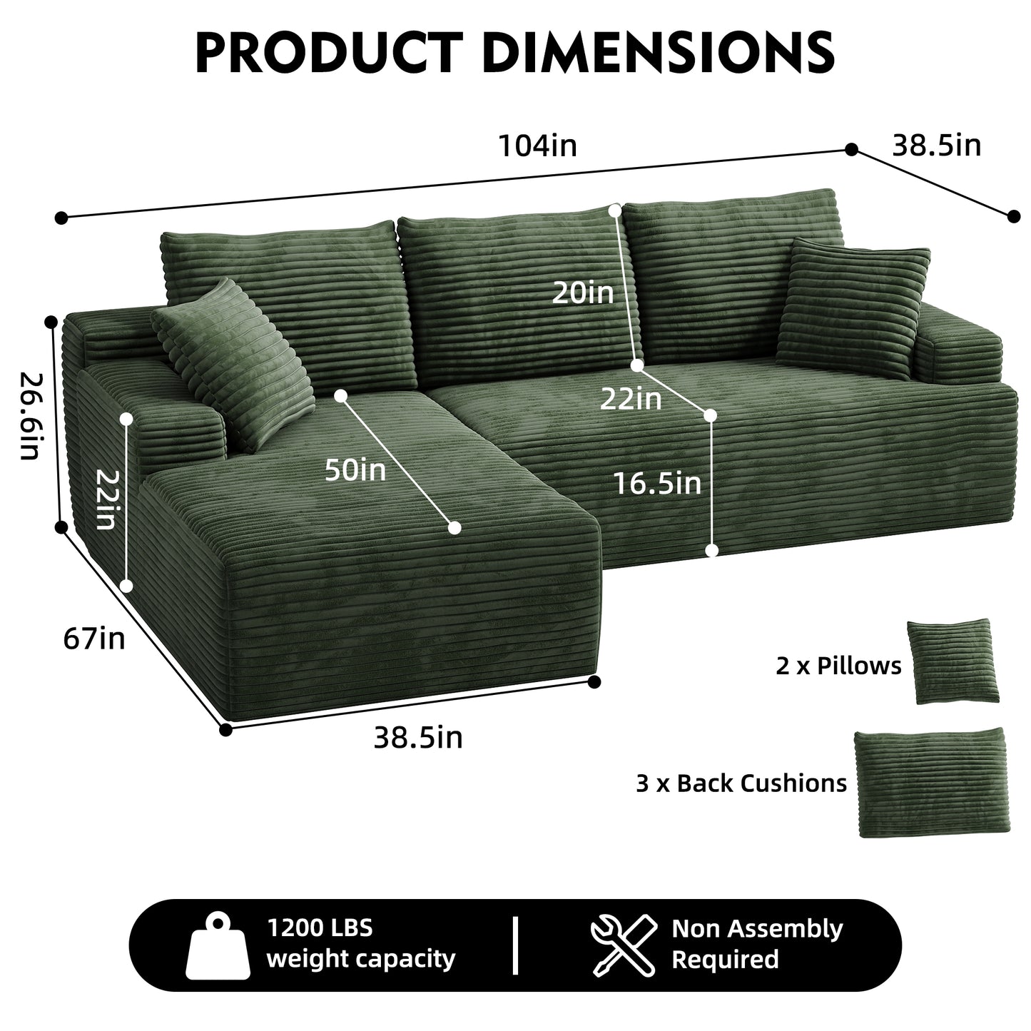 104" Modular L-Shaped Sectional Sofa, No Assembly Required Boneless Sofa with Chaise, High Resilience Foam & Corduroy Fabric, for Living Room Bedroom,(Sage Green)