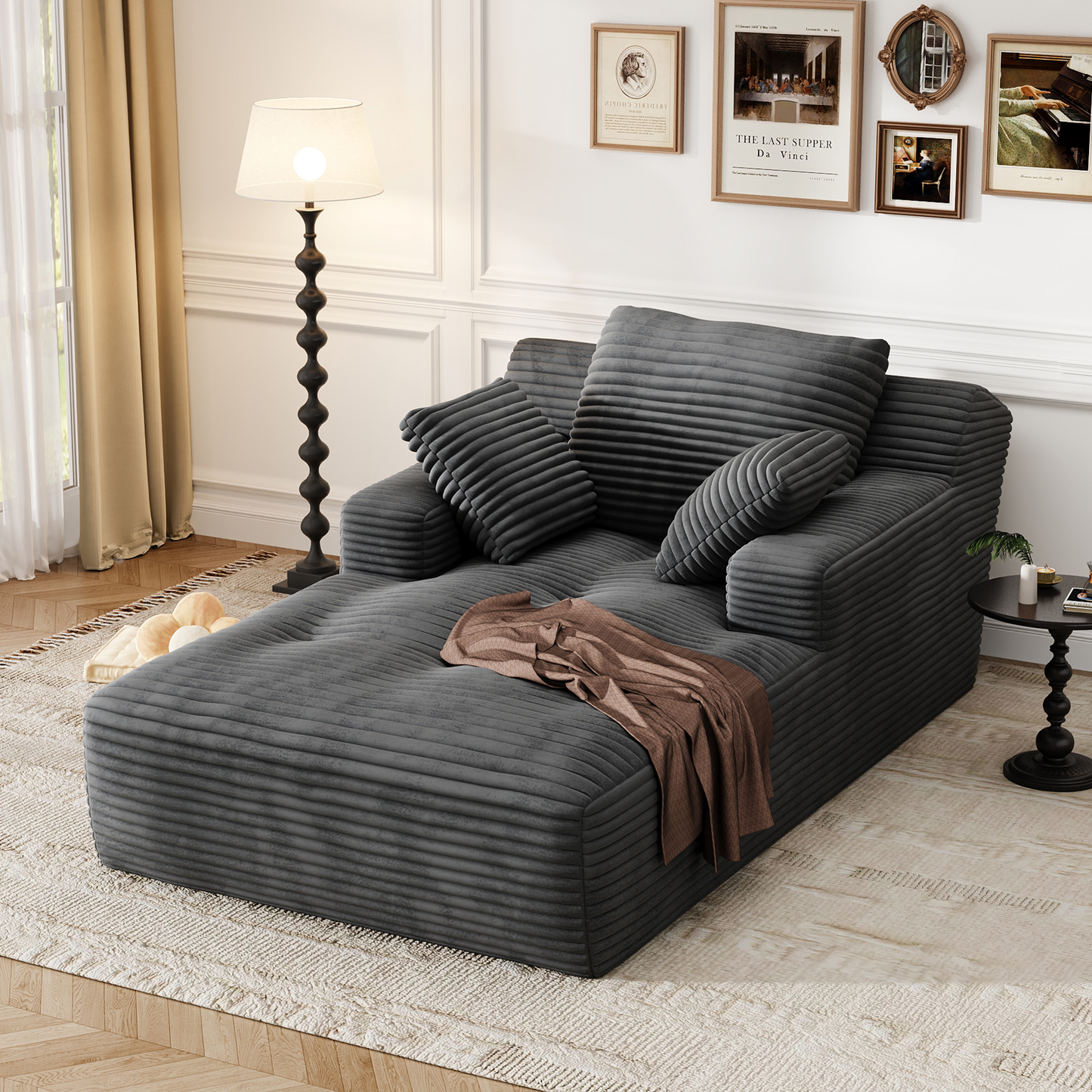 67'' Oversized Chaise Lounge Chair, Cloud Plush Corduroy Sofa Bed for Living Room, Modern Deep Seat Sleeper Couch with Back Cushion, No Assembly Required, (Charcoal)