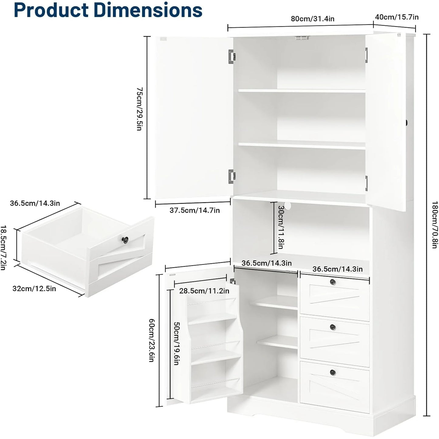 NEGYLIM 72" Tall Kitchen Pantry Storage Cabinet with Doors & Shelves, Farmhouse Rustic Wood Cupboard for Kitchen Dining Room Bathroom, White