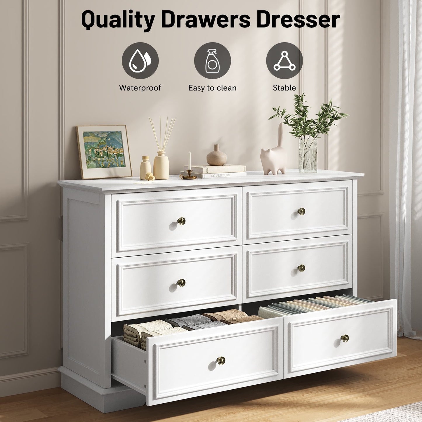 6 Drawer Chest of Drawers, Modern Storage Cabinet Dresser Organizer Unit with Antique Bronze Round Handles for Living Room, Closet, Hallway, Entryway,White
