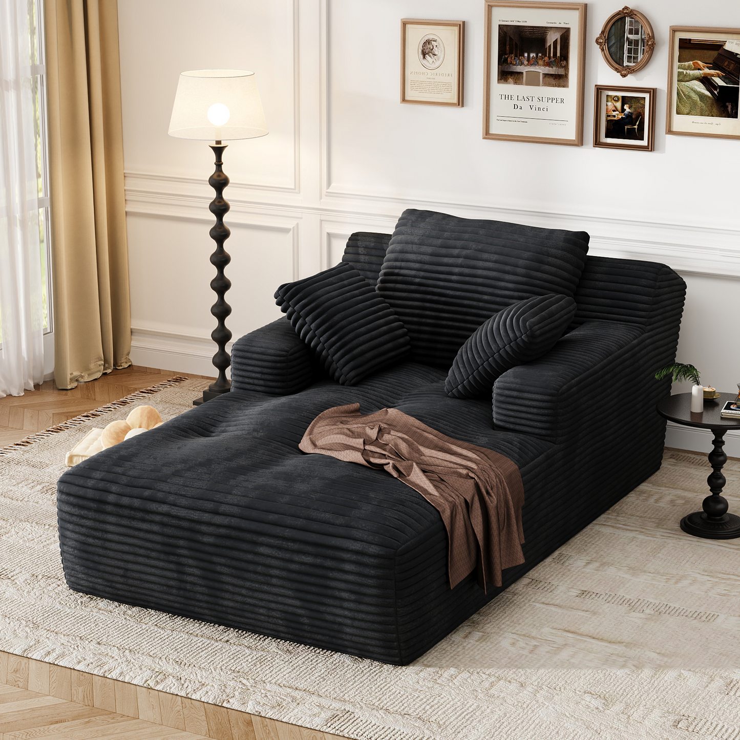 67'' Oversized Chaise Lounge Chair, Cloud Plush Corduroy Sofa Bed for Living Room, Modern Deep Seat Sleeper Couch with Back Cushion, No Assembly Required, (Deep Black)