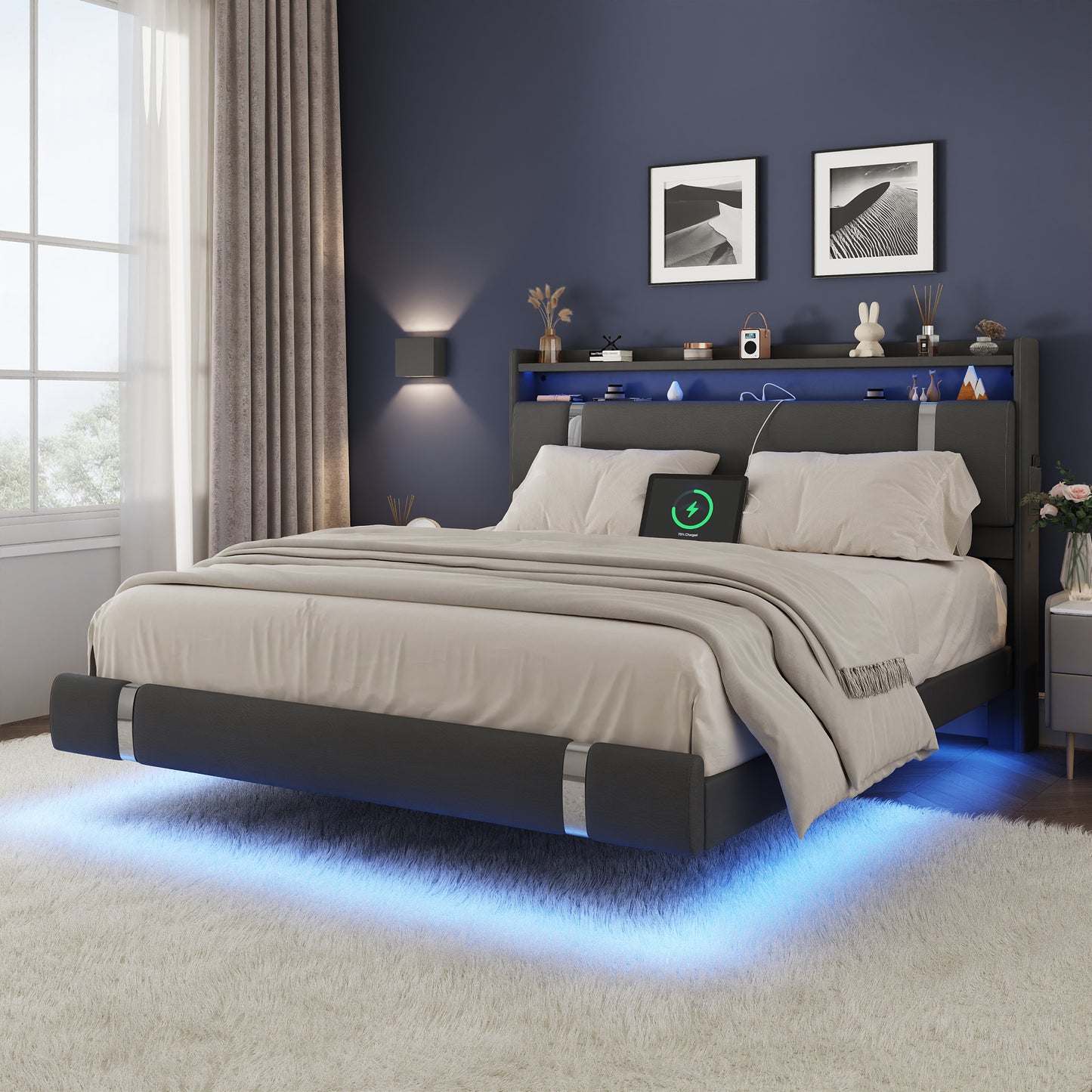 NEGYLIM Floating Bed Frame Queen Size with LED Lights, Easy to Assemble, Metal Platform Bed with Storage Headboard, No Box Spring Needed, Black