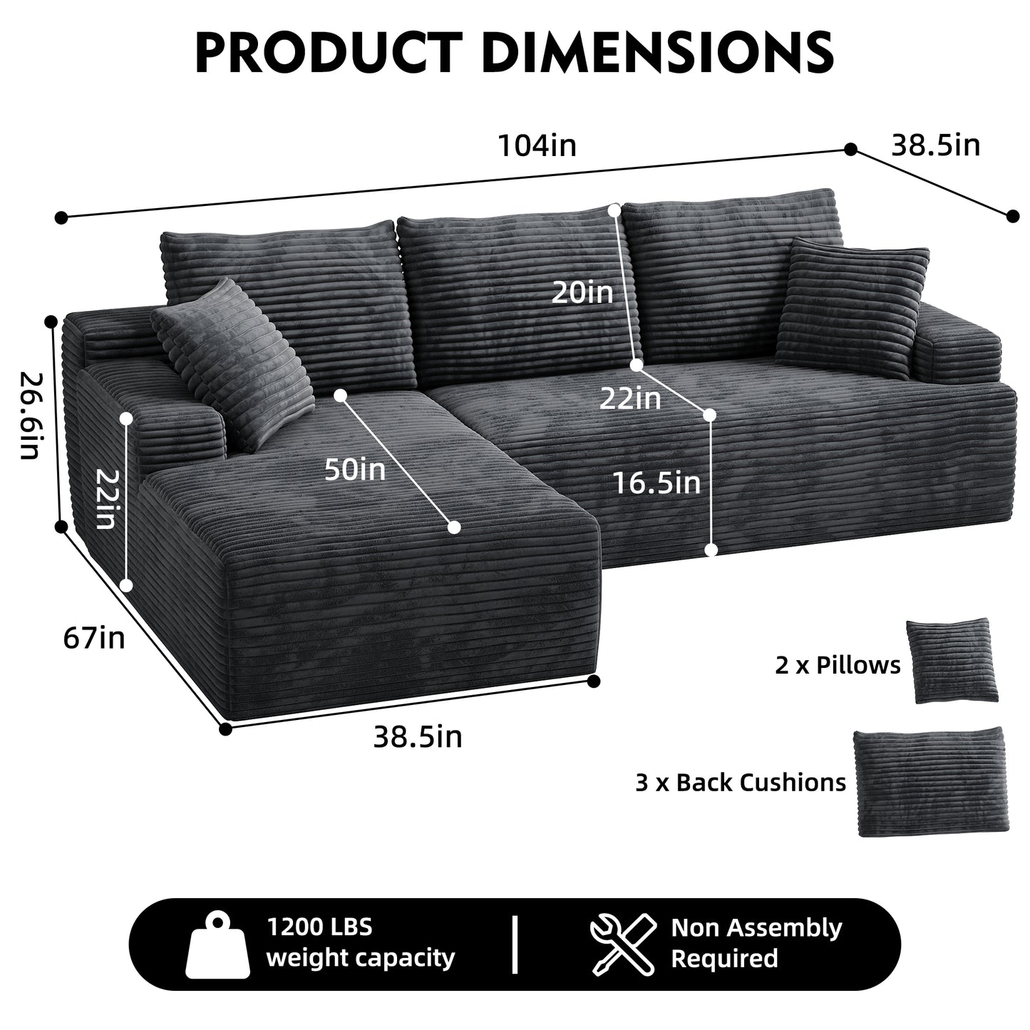 104" Modular L-Shaped Sectional Sofa, No Assembly Required Boneless Sofa with Chaise, High Resilience Foam & Corduroy Fabric, for Living Room Bedroom,(Black Grey)