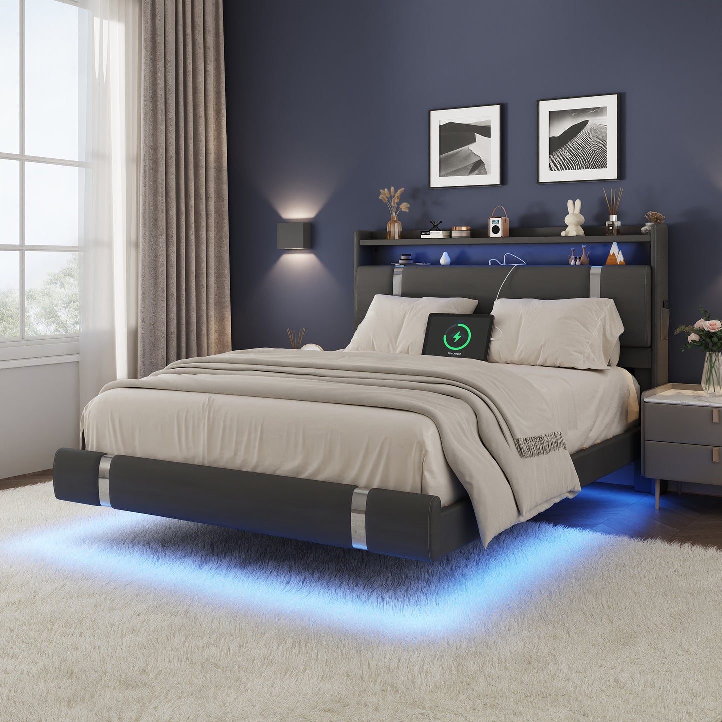 NEGYLIM Floating Bed Frame Full Size with LED Lights,Easy to Assemble, Metal Platform Bed with Storage Headboard, No Box Spring Needed, Black