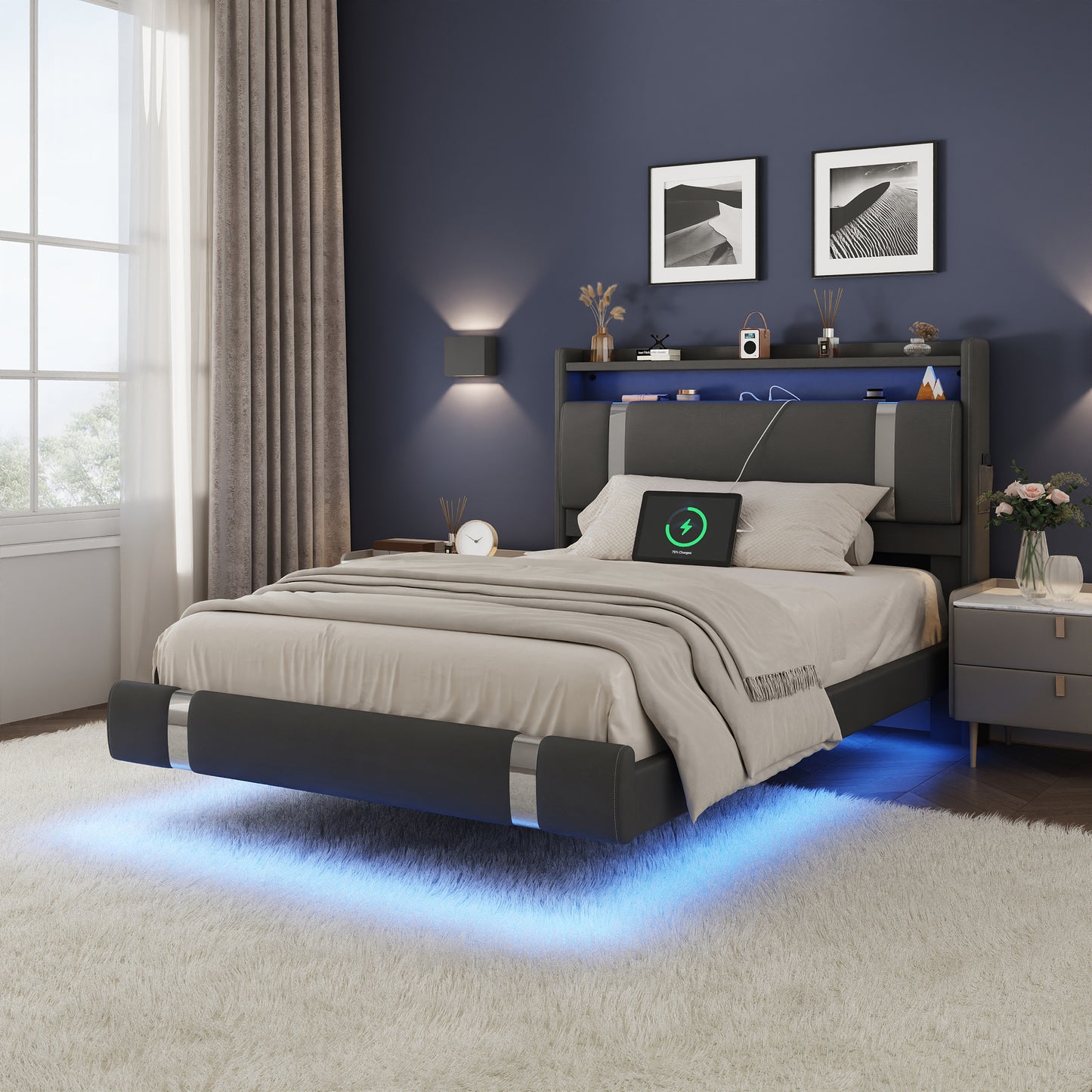NEGYLIM Floating Bed Frame Twin Size with LED Lights, Easy to Assemble, Metal Platform Bed with Storage Headboard, No Box Spring Needed, Black