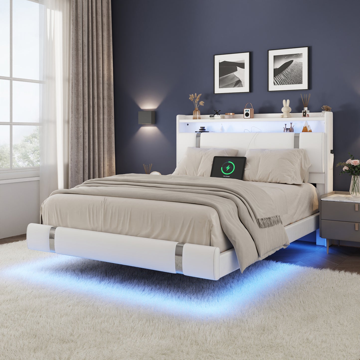 NEGYLIM Floating Bed Frame Full Size with LED Lights, Easy to Assemble, Metal Platform Bed with Storage Headboard, No Box Spring Needed, White