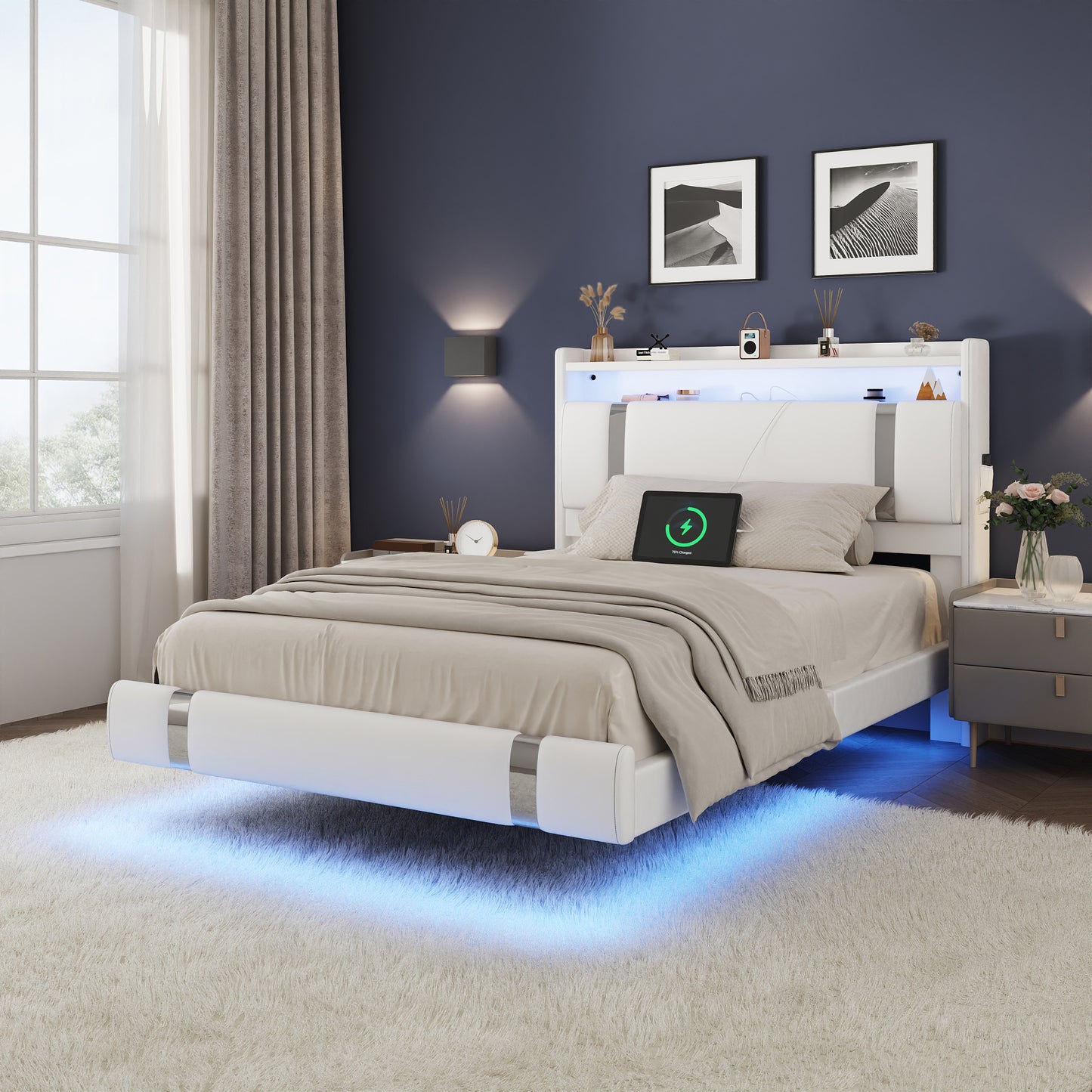 NEGYLIM Floating Bed Frame Twin Size with LED Lights, Easy to Assemble, Metal Platform Bed with Storage Headboard, No Box Spring Needed, White