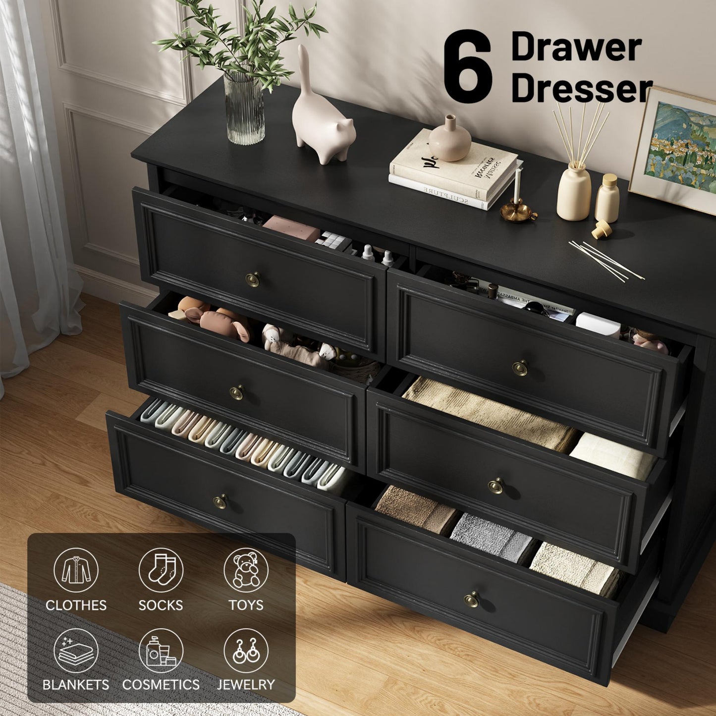 NEGYLIM 6 Drawer Dresser, Chest of Drawers for Bedroom, Modern Storage Cabinet Dresser Organizer Unit with Antique Bronze Round Handles for Living Room, Closet, Hallway, Entryway