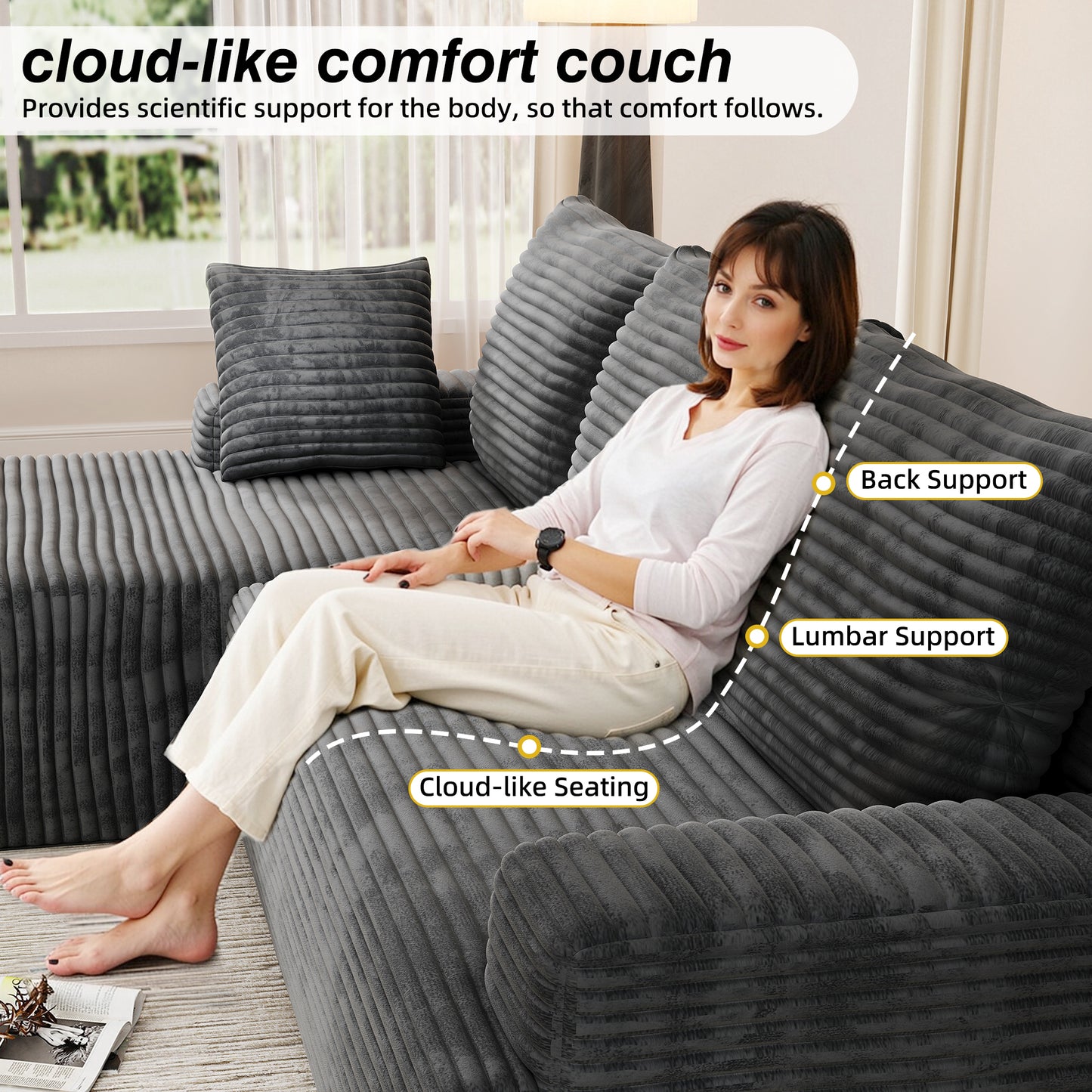 104" Modular L-Shaped Sectional Sofa, No Assembly Required Boneless Sofa with Chaise, High Resilience Foam & Corduroy Fabric, for Living Room Bedroom,(Black Grey)