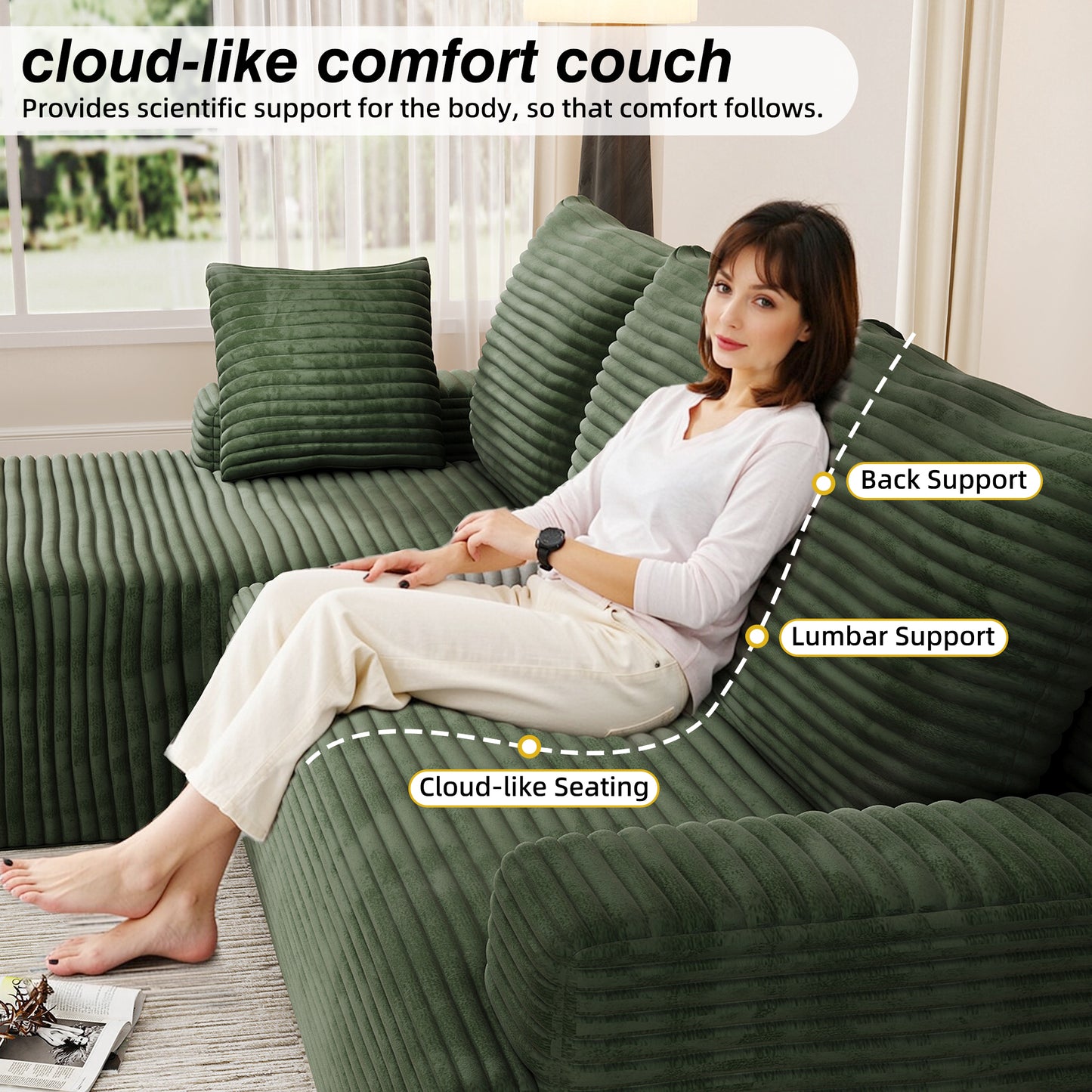 104" Modular L-Shaped Sectional Sofa, No Assembly Required Boneless Sofa with Chaise, High Resilience Foam & Corduroy Fabric, for Living Room Bedroom,(Sage Green)