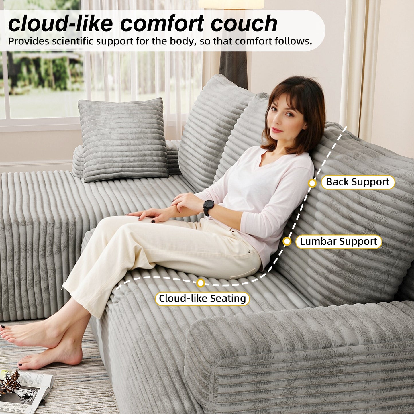 104" Modular L-Shaped Sectional Sofa, No Assembly Required Boneless Sofa with Chaise, High Resilience Foam & Corduroy Fabric, for Living Room Bedroom,(Oyster White)
