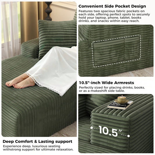 104" Modular L-Shaped Sectional Sofa, No Assembly Required Boneless Sofa with Chaise, High Resilience Foam & Corduroy Fabric, for Living Room Bedroom,(Sage Green)