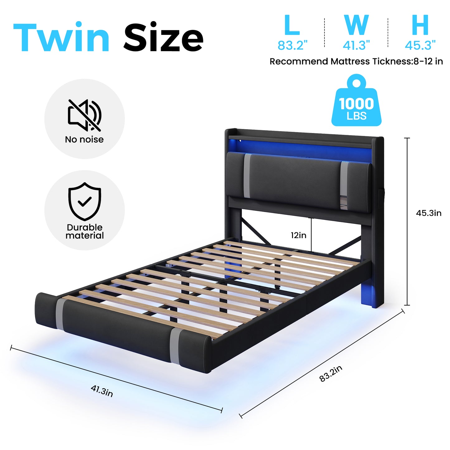 NEGYLIM Floating Bed Frame Twin Size with LED Lights, Easy to Assemble, Metal Platform Bed with Storage Headboard, No Box Spring Needed, Black