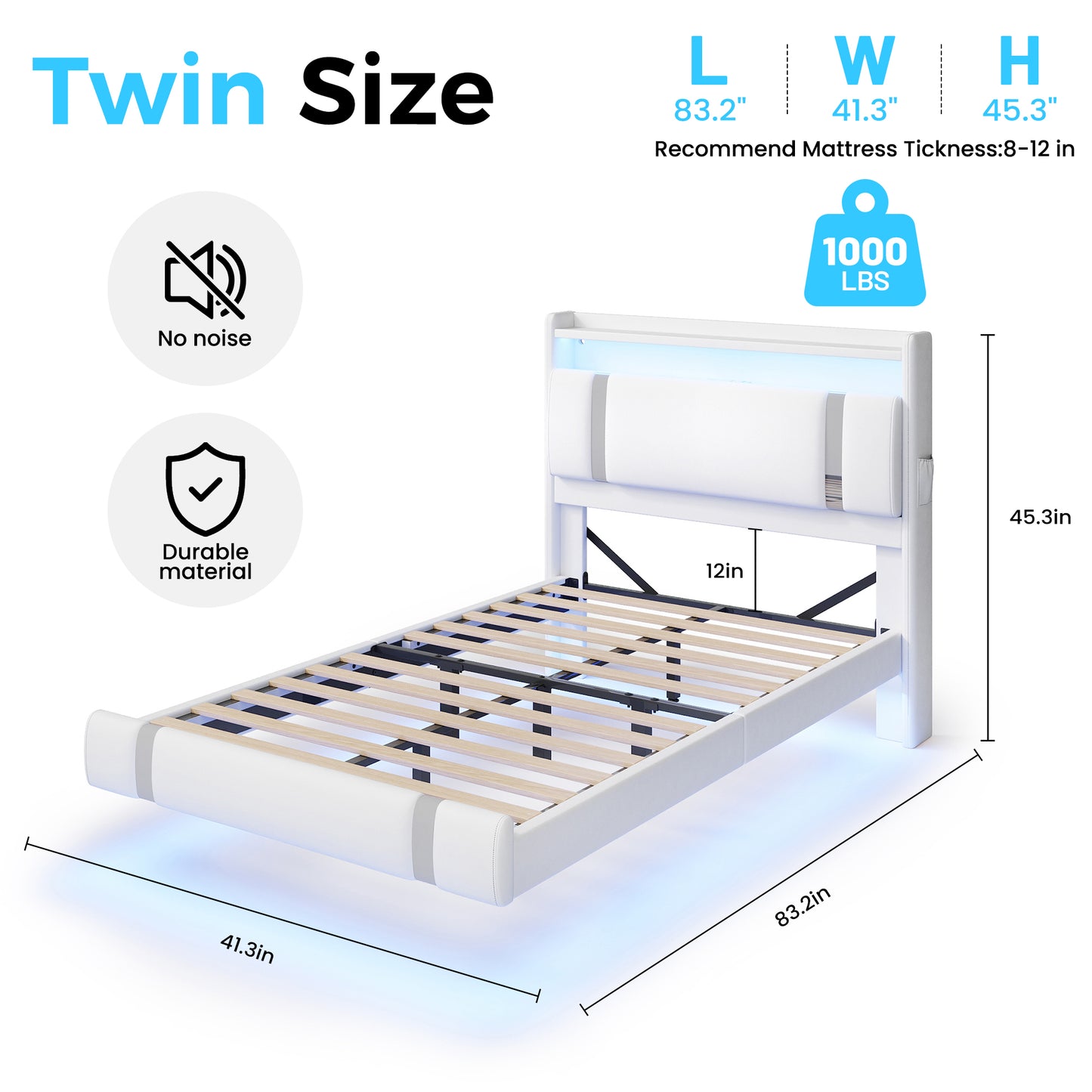 NEGYLIM Floating Bed Frame Twin Size with LED Lights, Easy to Assemble, Metal Platform Bed with Storage Headboard, No Box Spring Needed, White