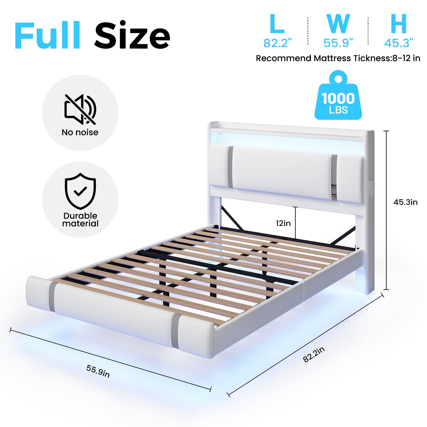 NEGYLIM Floating Bed Frame Full Size with LED Lights, Easy to Assemble, Metal Platform Bed with Storage Headboard, No Box Spring Needed, White