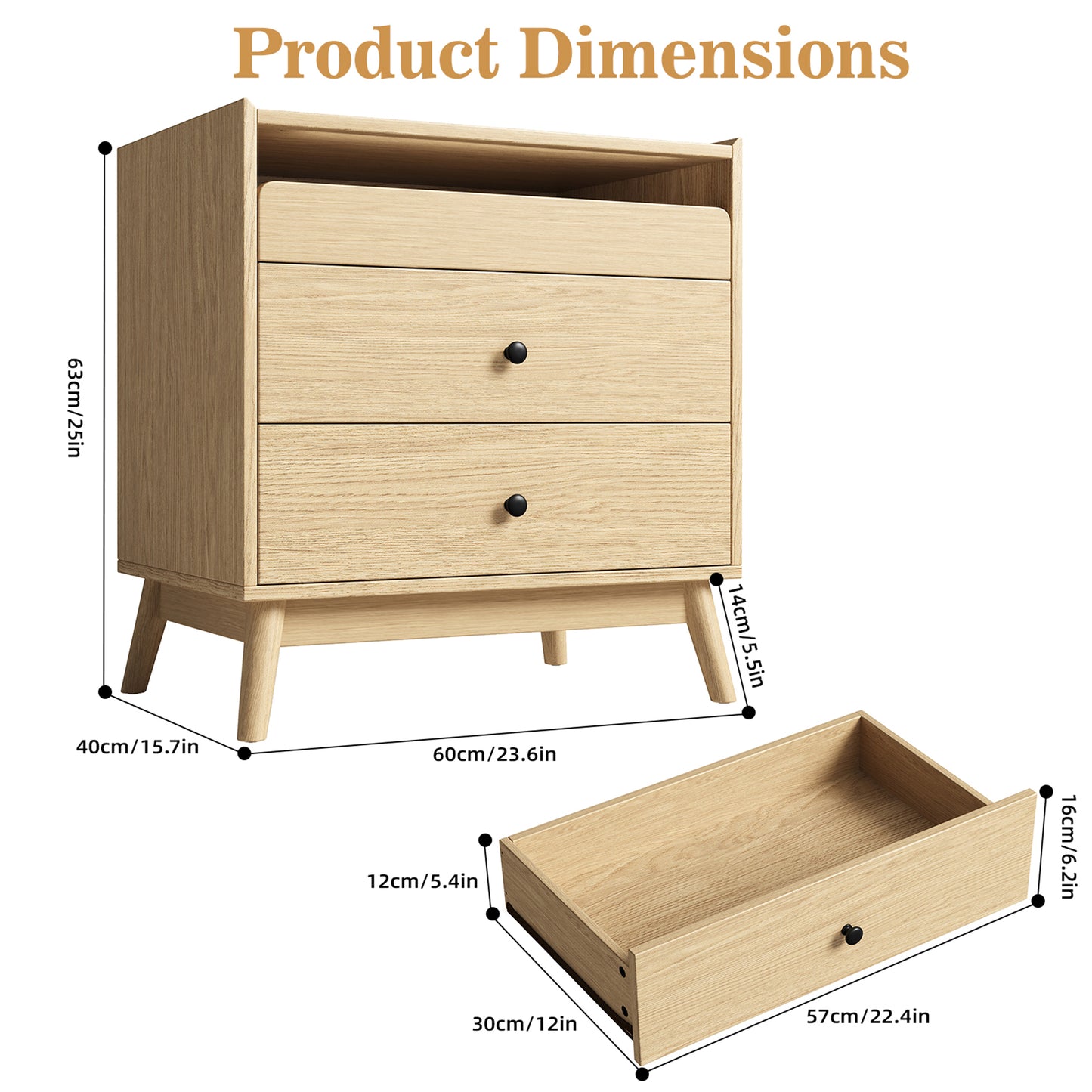 NEGYLIM 3-Drawer Nightstand with Hidden Charging Station, Wood Bedside Table 25" Height x 24" Width, Bedroom Furniture End Table, 2-Pcs