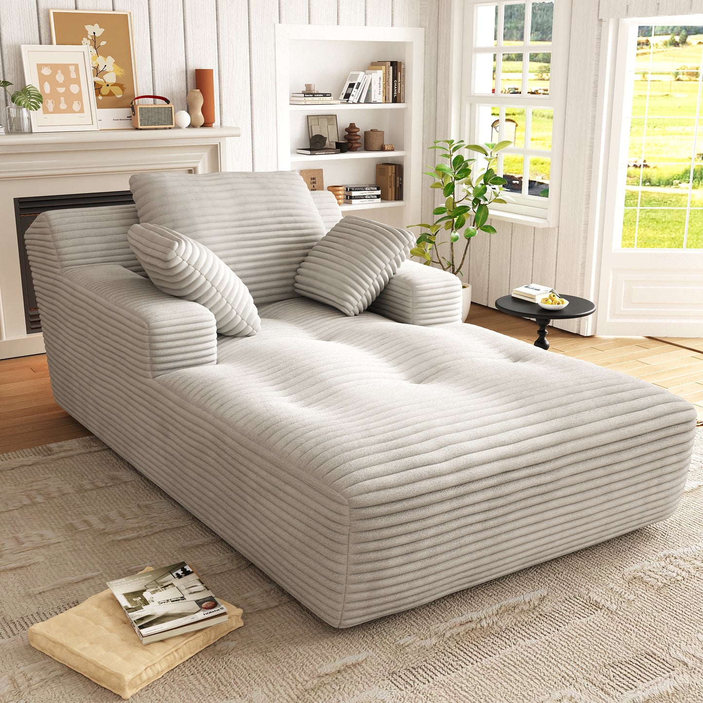 67'' Oversized Chaise Lounge Chair, Cloud Plush Corduroy Sofa Bed for Living Room, Modern Deep Seat Sleeper Couch with Back Cushion, No Assembly Required, (Oyster White)
