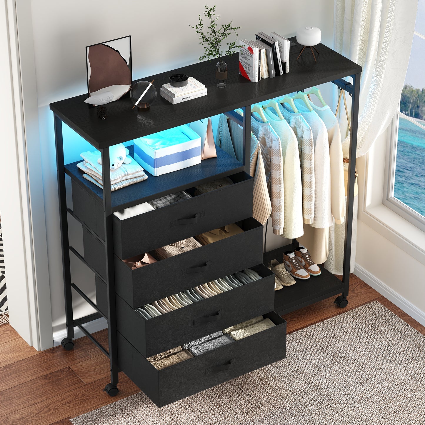 3-in-1 Dresser with Clothes Rack, 4 Drawers, Charging Station, LED Lights, and Wheels, Rustic Brown Storage Chest for Bedroom, Living Room, Hallway(Textured Matte Black)
