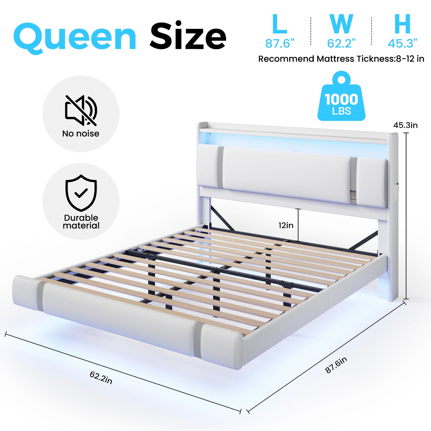NEGYLIM Floating Bed Frame Queen Size with LED Lights, Easy to Assemble, Metal Platform Bed with Storage Headboard, No Box Spring Needed, White
