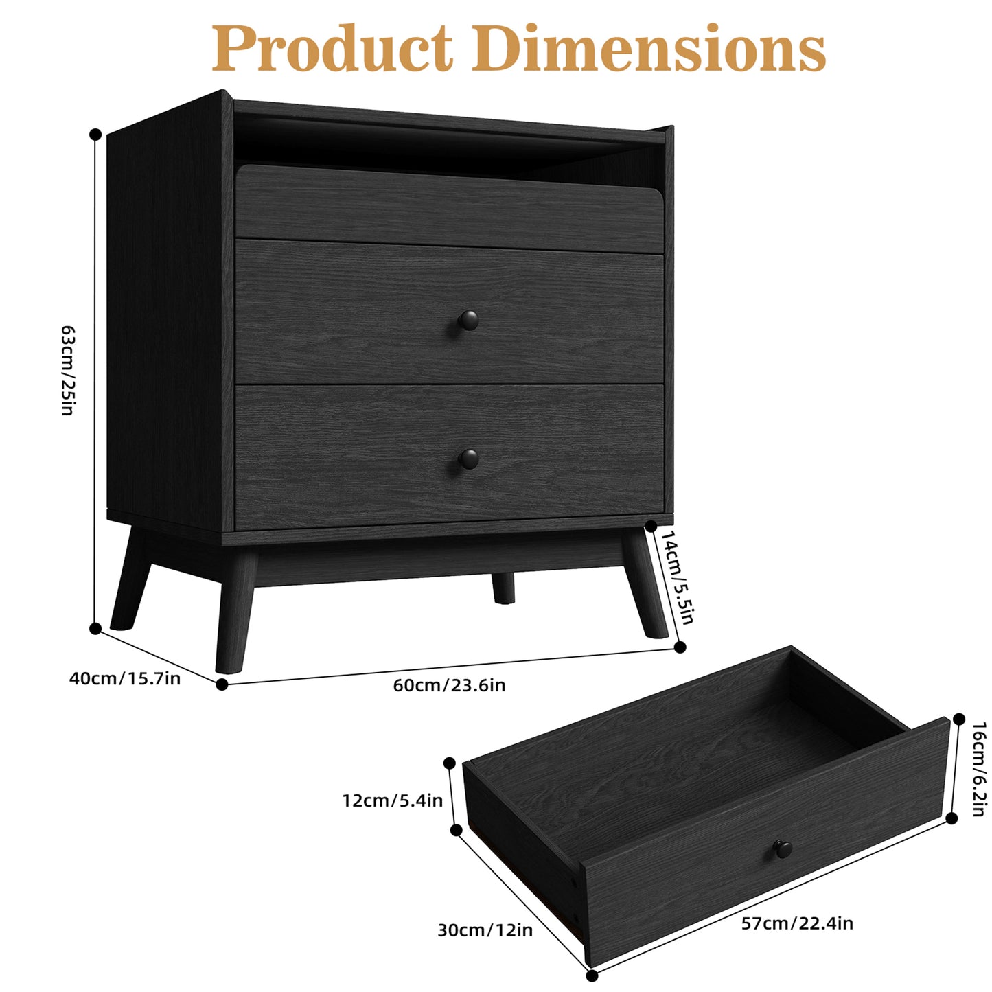 NEGYLIM 3-Drawer Nightstand with Hidden Charging Station, Wood Bedside Table 25" Height x 24" Width, Bedroom Furniture End Table, Black 1-Pcs