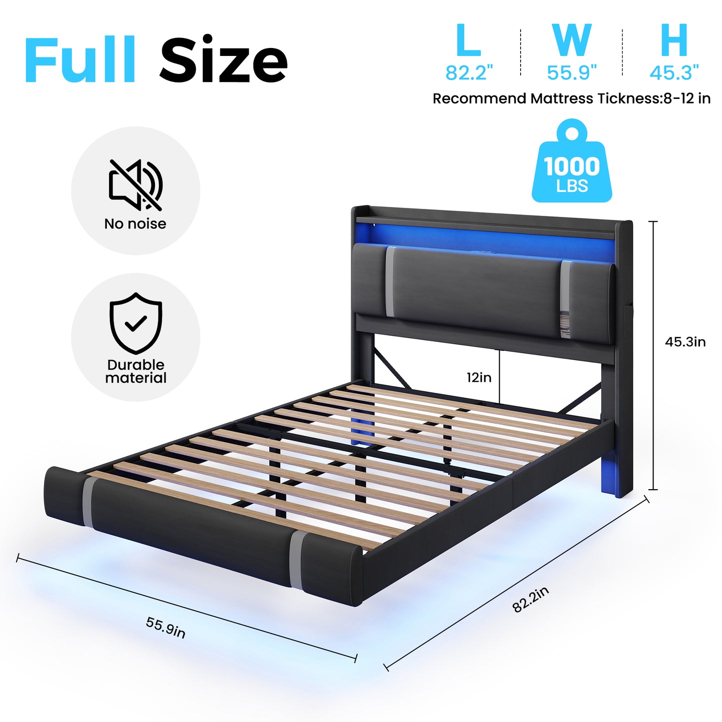 NEGYLIM Floating Bed Frame Full Size with LED Lights,Easy to Assemble, Metal Platform Bed with Storage Headboard, No Box Spring Needed, Black