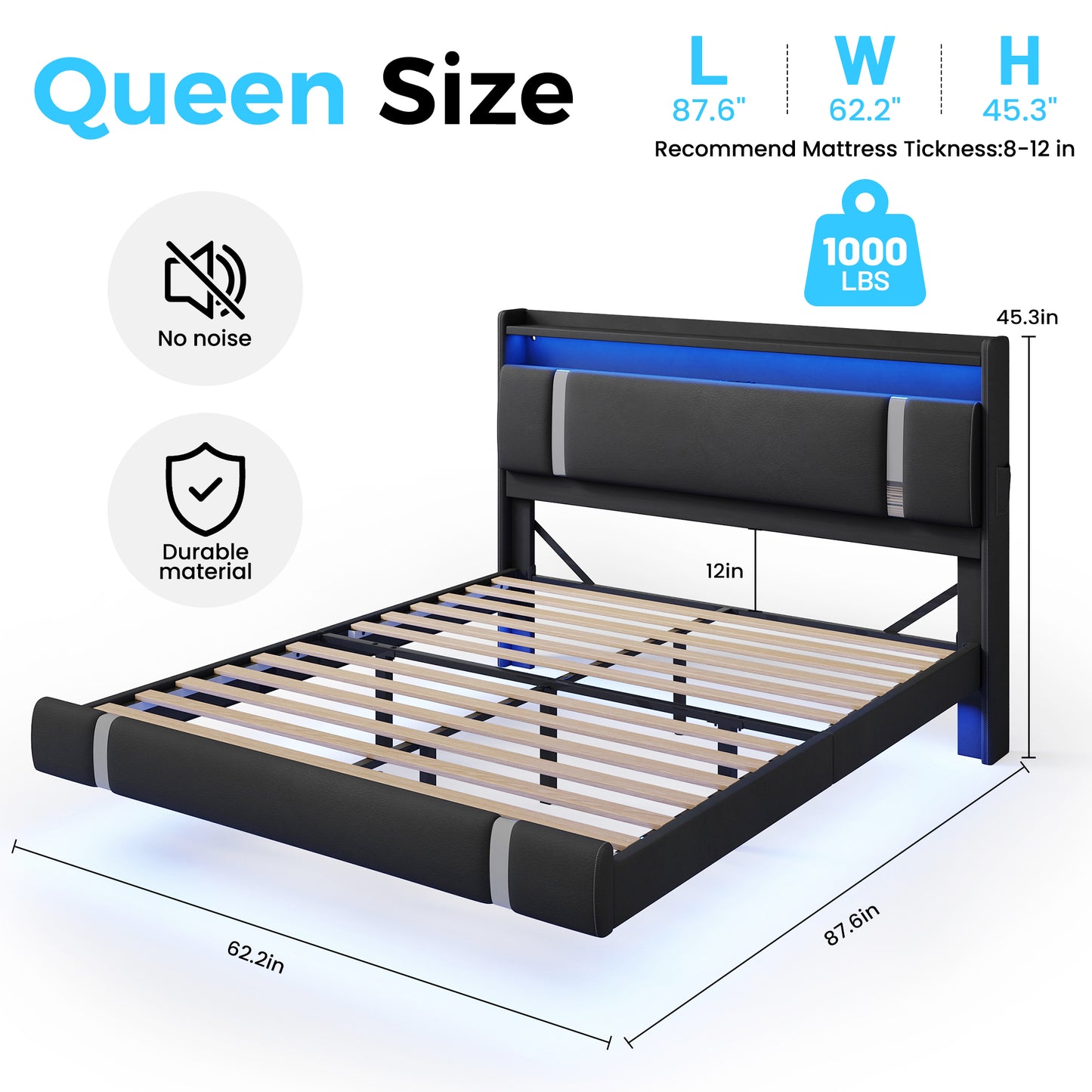 NEGYLIM Floating Bed Frame Queen Size with LED Lights, Easy to Assemble, Metal Platform Bed with Storage Headboard, No Box Spring Needed, Black