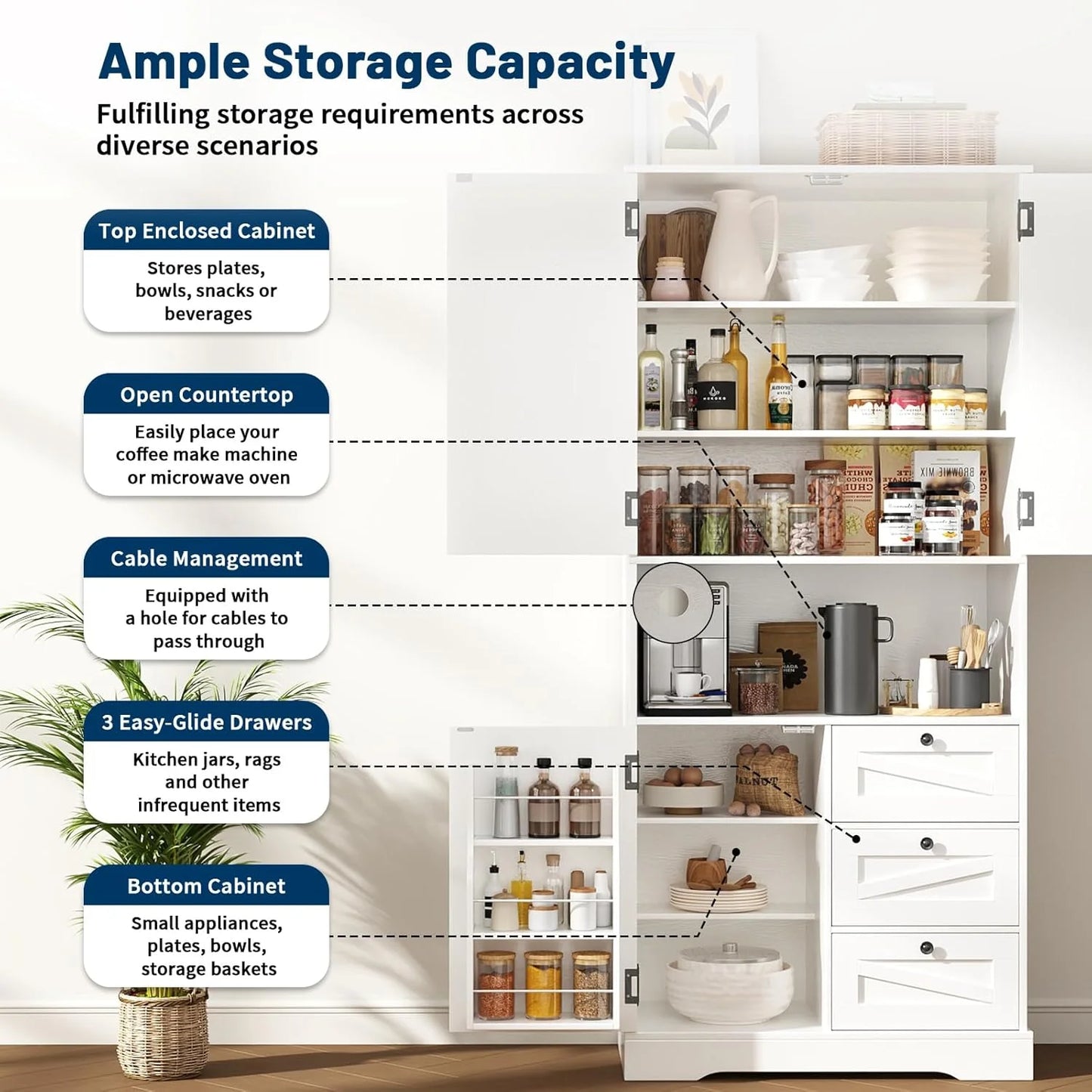 NEGYLIM 72" Tall Kitchen Pantry Storage Cabinet with Doors & Shelves, Farmhouse Rustic Wood Cupboard for Kitchen Dining Room Bathroom, White