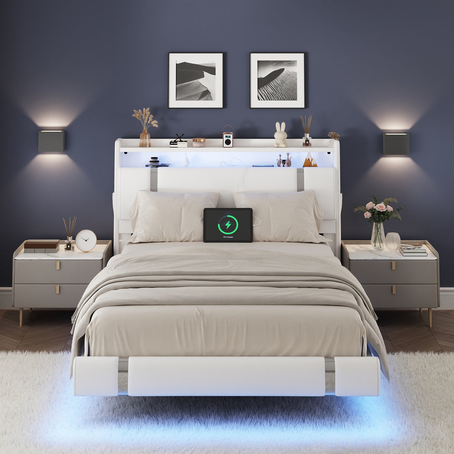 NEGYLIM Floating Bed Frame Full Size with LED Lights, Easy to Assemble, Metal Platform Bed with Storage Headboard, No Box Spring Needed, White