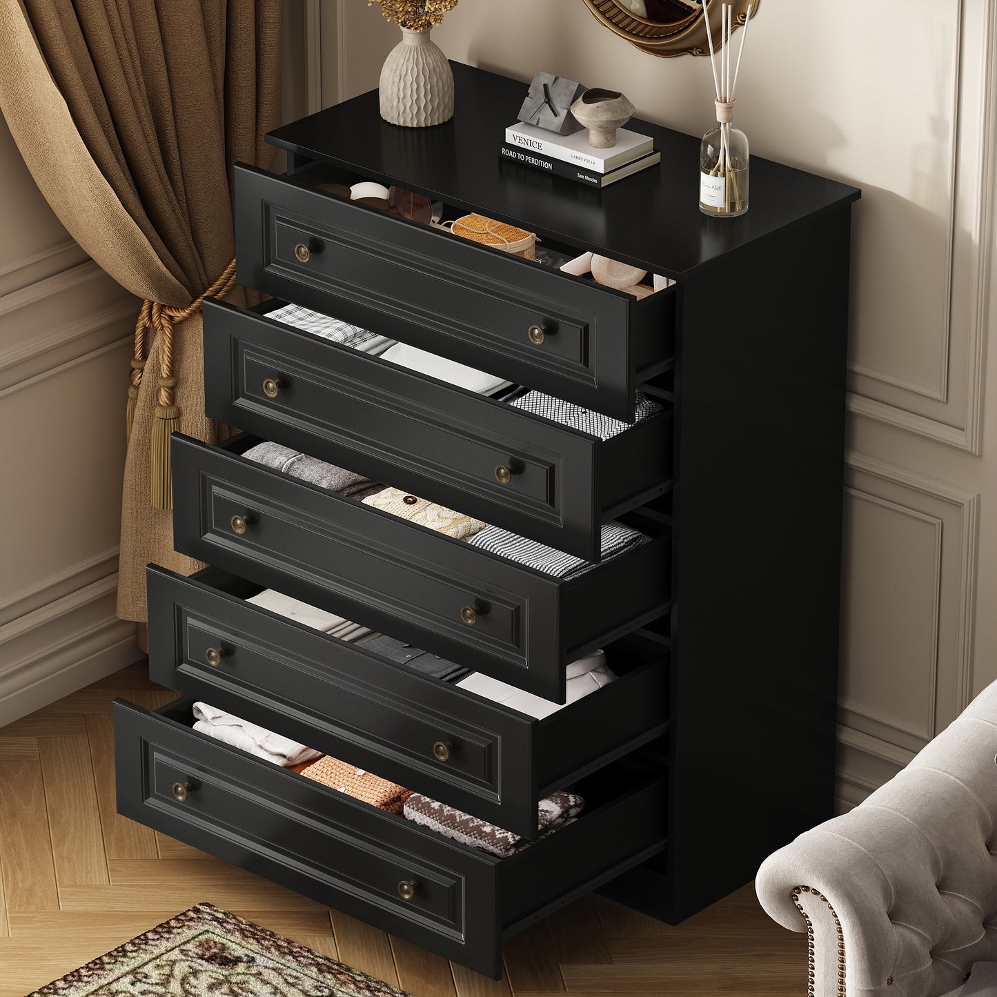 NEGYLIM 5 Drawer Dresser Tall, Modern White Chest of Drawers with Anti-Tip, Large Storage for Bedroom, Hallway, Entryway, (Black)