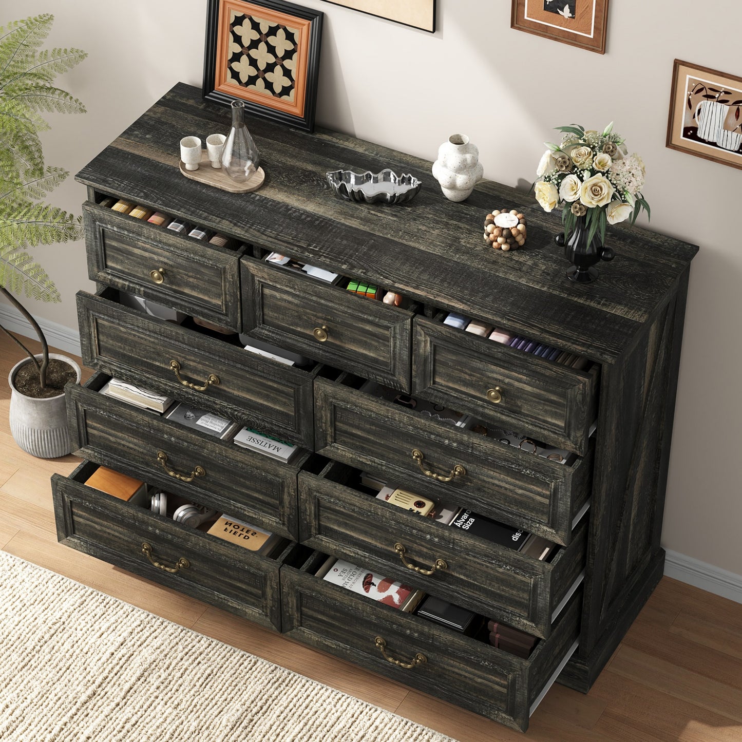 NEGYLIM 9 Drawers Dresser for Bedroom Dressers & Chest of Drawers with Vintage Handles,Long Wooden Dresser for Living Room,Hallway,Study(Dark Rustic Oak)