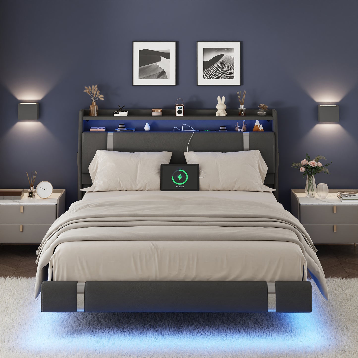 NEGYLIM Floating Bed Frame Queen Size with LED Lights, Easy to Assemble, Metal Platform Bed with Storage Headboard, No Box Spring Needed, Black