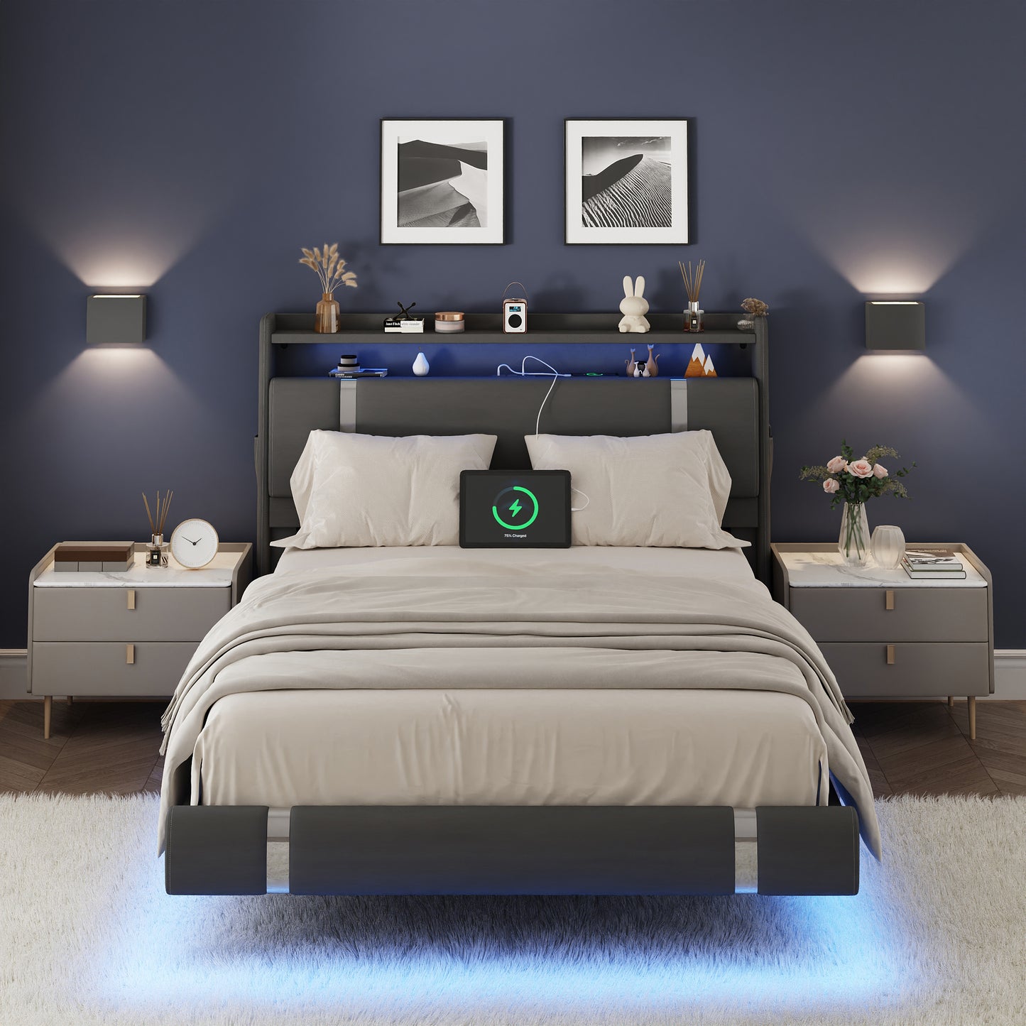 NEGYLIM Floating Bed Frame Full Size with LED Lights,Easy to Assemble, Metal Platform Bed with Storage Headboard, No Box Spring Needed, Black