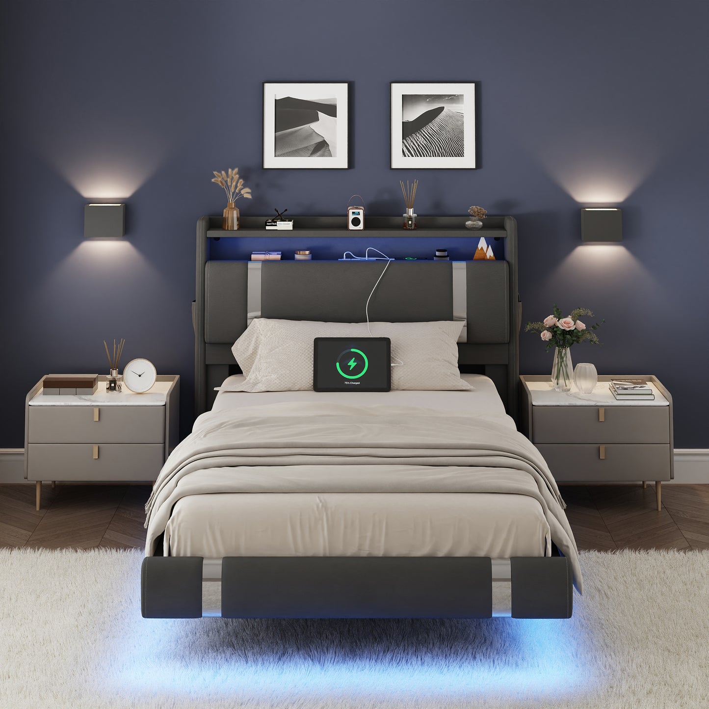NEGYLIM Floating Bed Frame Twin Size with LED Lights, Easy to Assemble, Metal Platform Bed with Storage Headboard, No Box Spring Needed, Black
