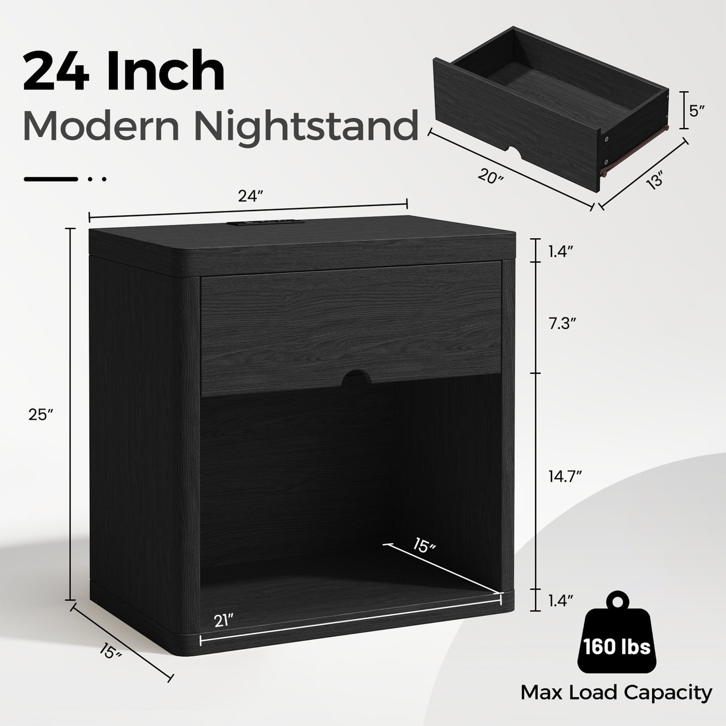 NEGYLIM 24" Wood Nightstand with USB Charging Station, Bedside Table with Safe Rounded Corners & Crescent Handles – Sturdy End Table for Bedroom, Living Room, Nursery (Black, 1-Piece)