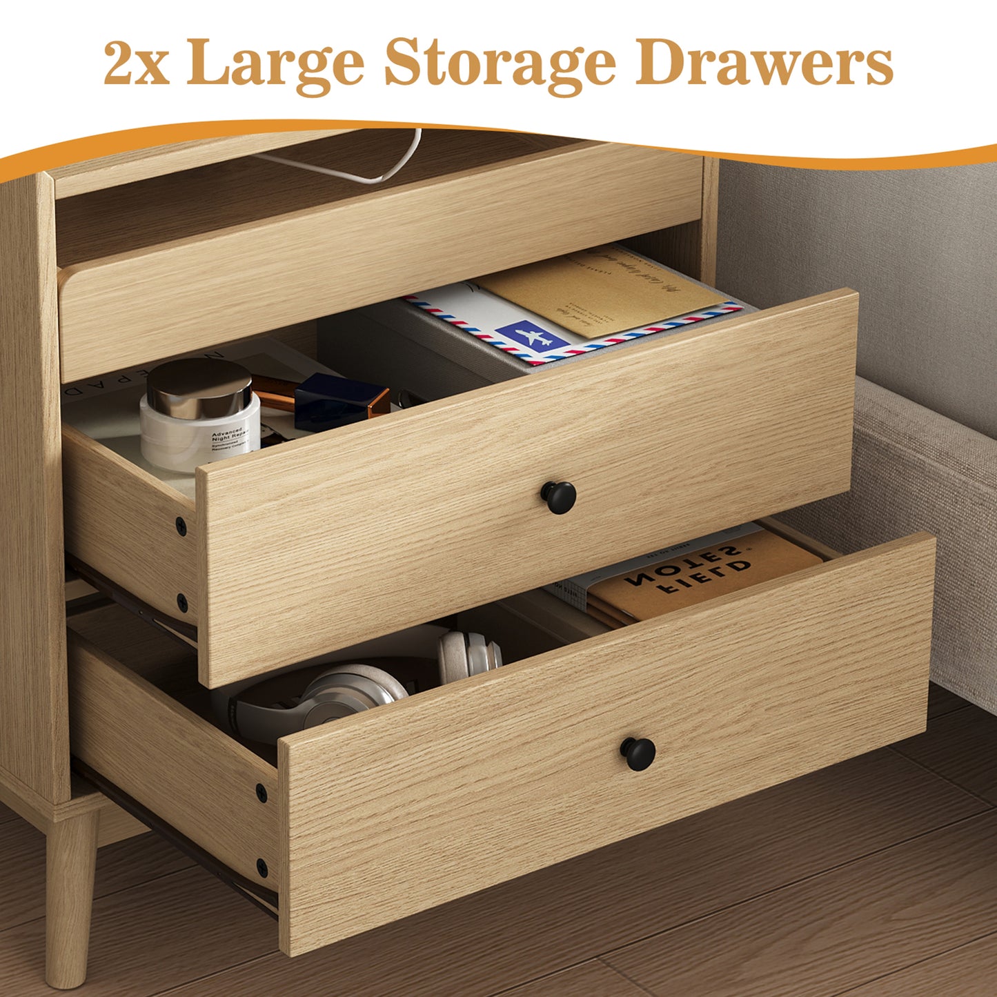 NEGYLIM 3-Drawer Nightstand with Hidden Charging Station, Wood Bedside Table 25" Height x 24" Width, Bedroom Furniture End Table, 2-Pcs