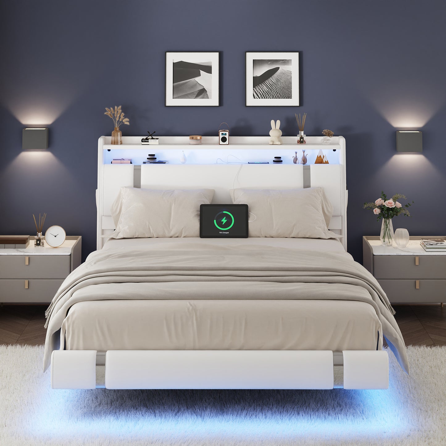NEGYLIM Floating Bed Frame Queen Size with LED Lights, Easy to Assemble, Metal Platform Bed with Storage Headboard, No Box Spring Needed, White