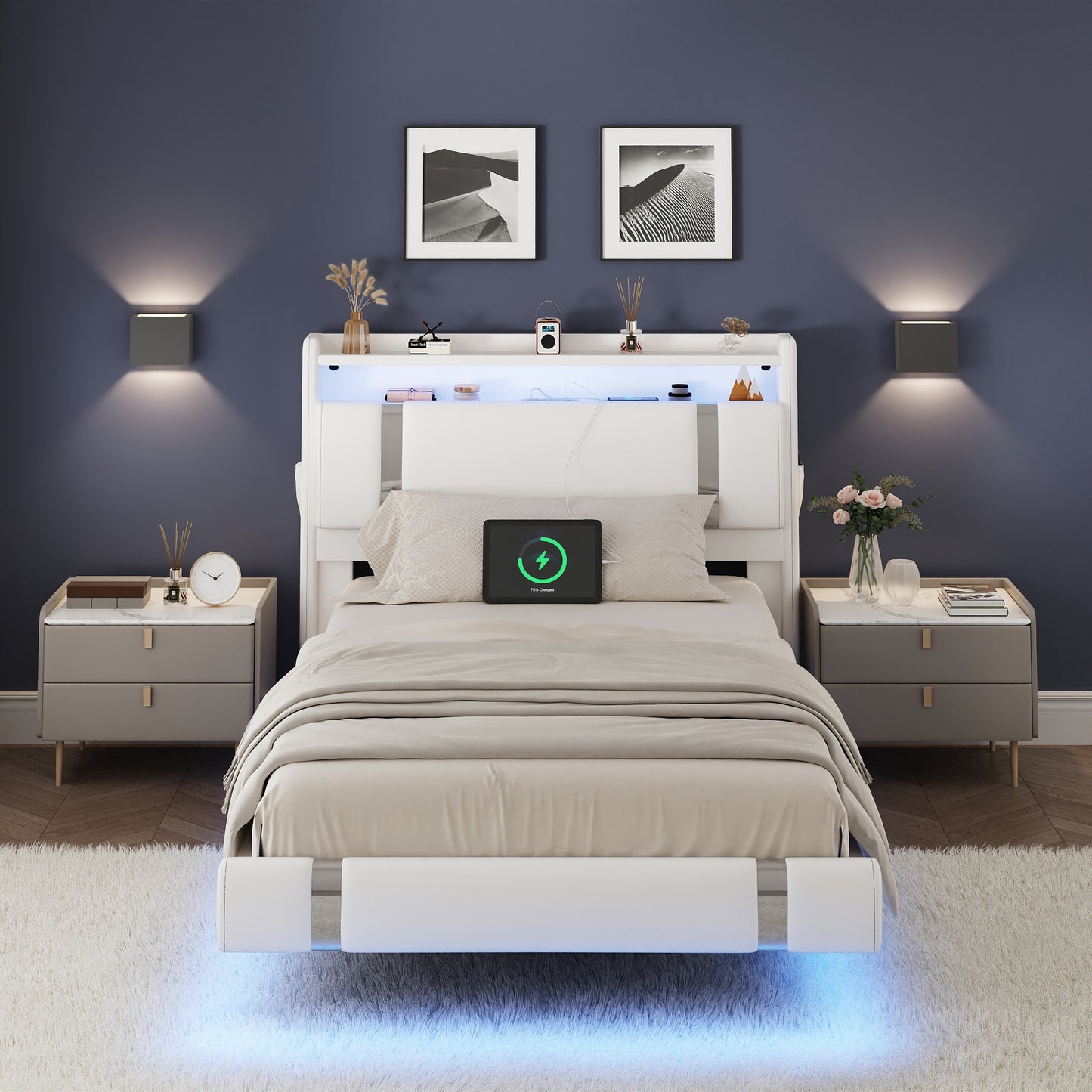NEGYLIM Floating Bed Frame Twin Size with LED Lights, Easy to Assemble, Metal Platform Bed with Storage Headboard, No Box Spring Needed, White