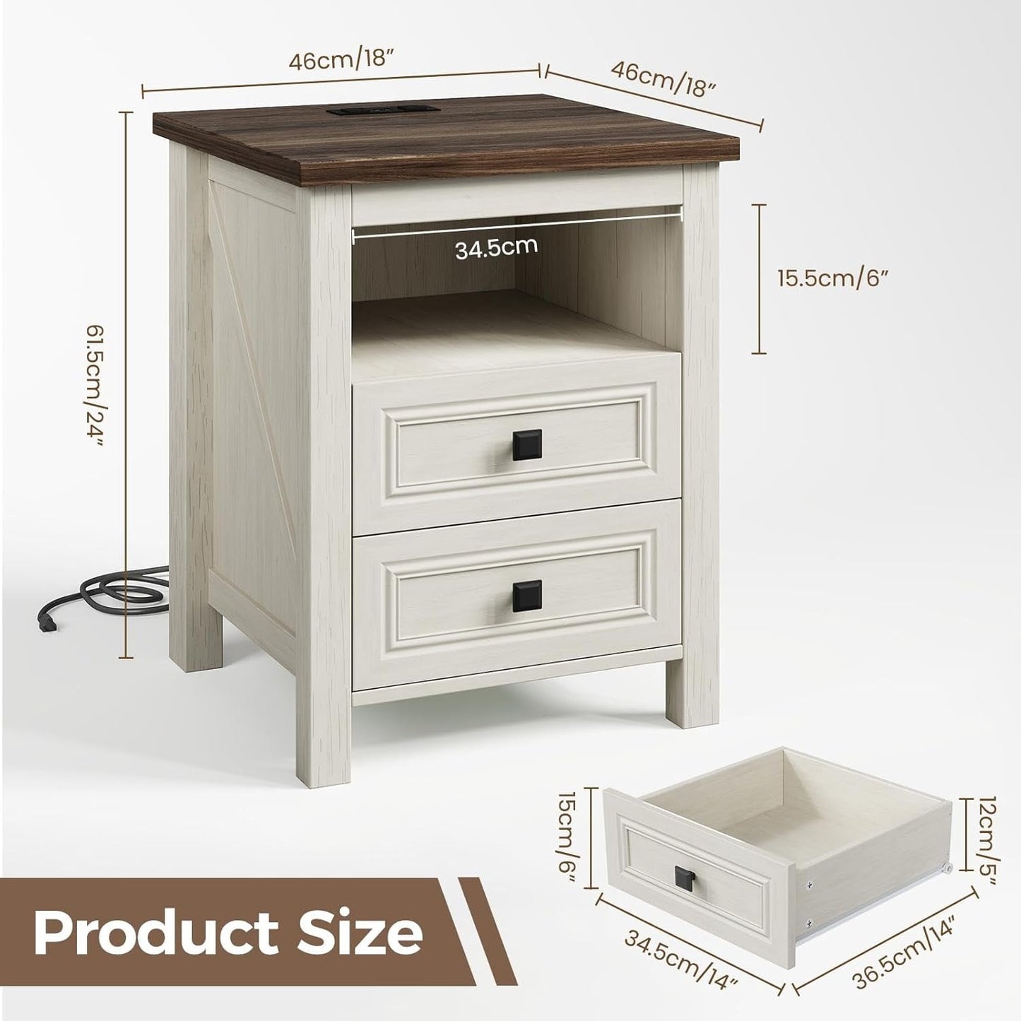 2-Piece Nightstand with Drawers for Bedroom, Farmhouse End Table with Charging Station, 2 Drawers Storage for Bedroom, White